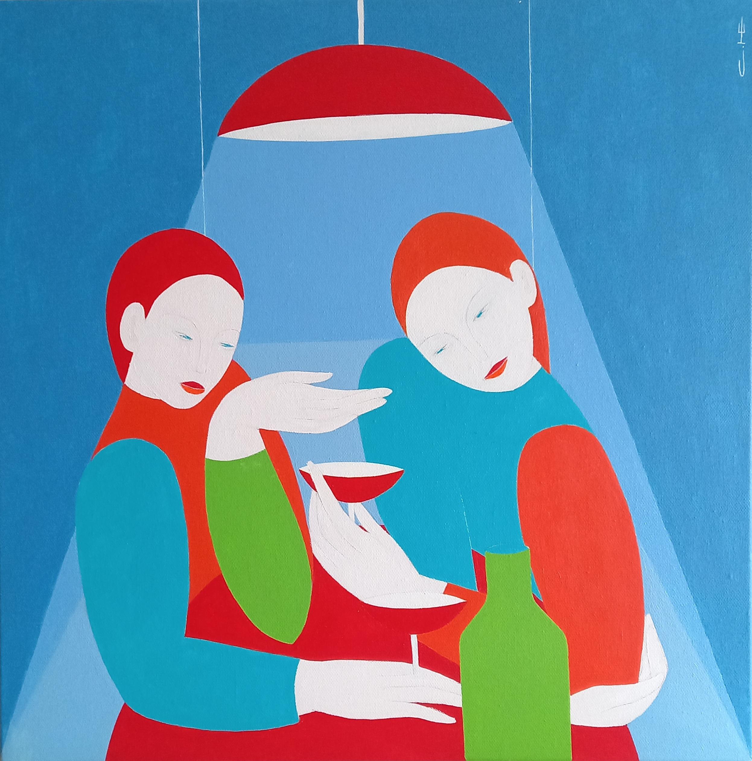 Conversation under the red lamp, 50x50cm - Painting by Sasha Katinauskiene