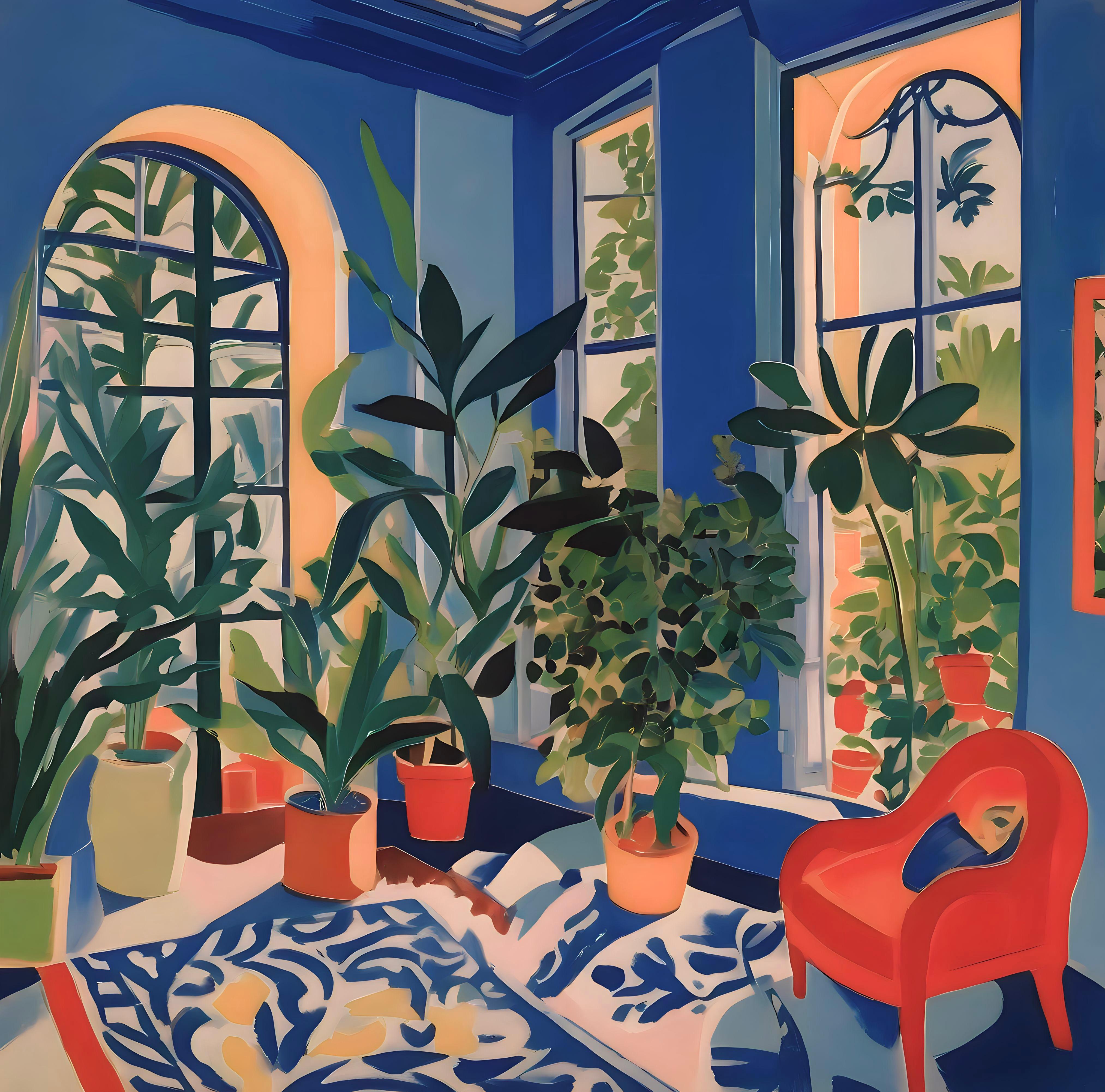 Room with flowers , 70x70cm, print on canvas - Print by Nina Tsoriti