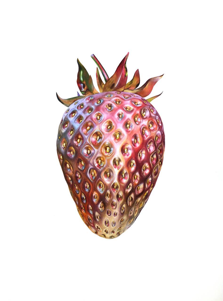 “This berry is sweeter than all your kisses” (Metal strawberry) 56x76cm, waterco - Painting by Elena Brauschenberg