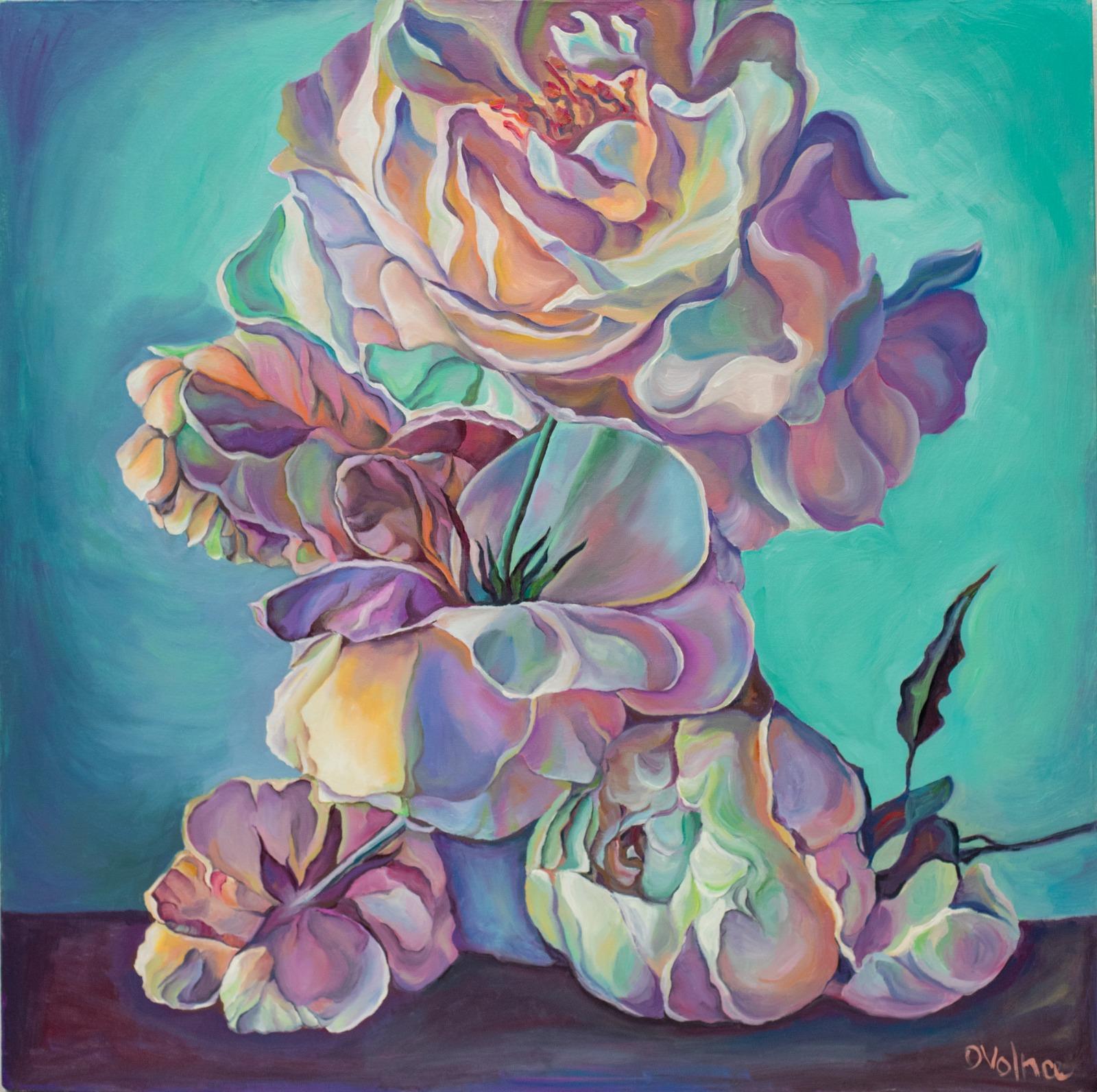 Roses on turquoise, 80x60 cm, oil/canva - Painting by Olga Volna