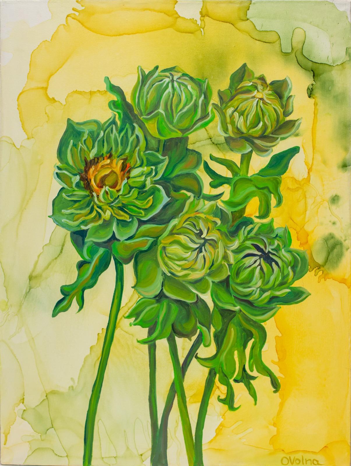 Green sunflowers , 80x60 cm, oil/canva - Painting by Olga Volna