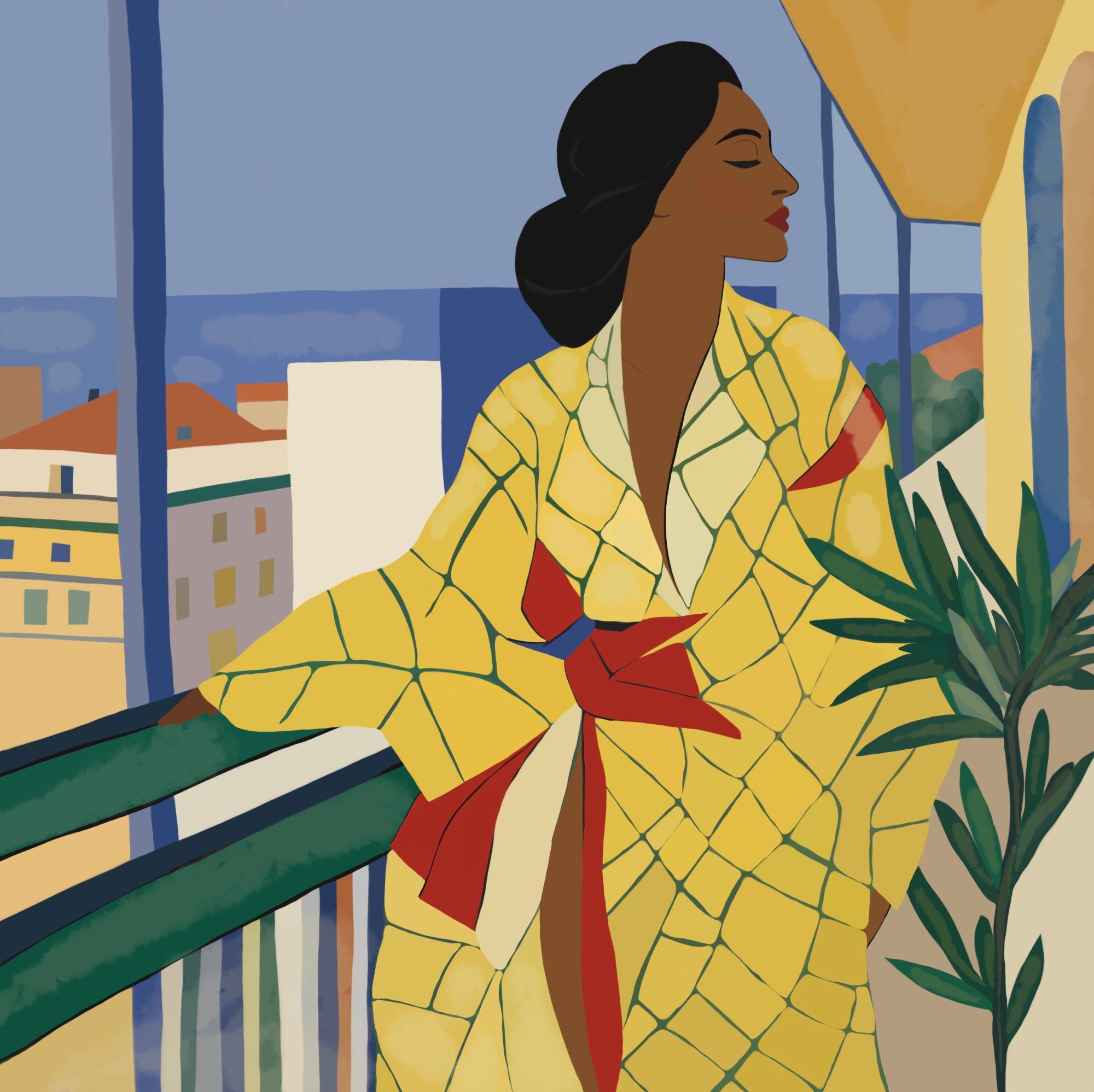 Beauty in a yellow kimono , 80x80cm, print on canvas - Art by Nina Tsoriti
