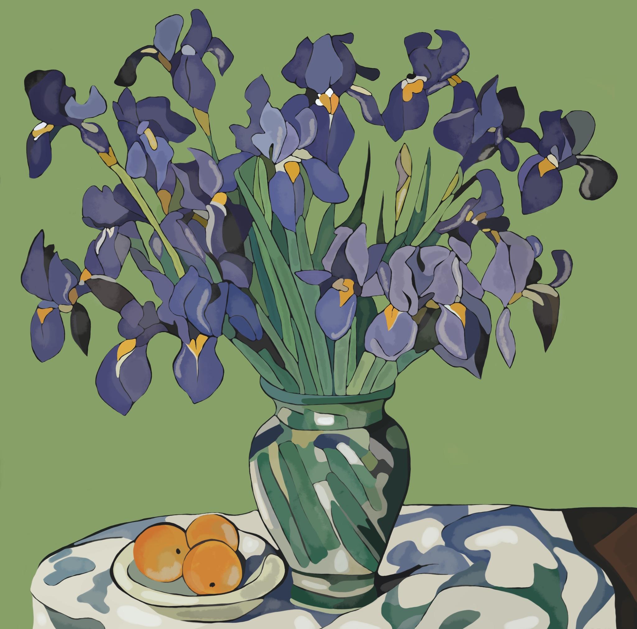 Stillleben mit Irisen, 70x70cm, Druck auf Leinwand – Art von Nina Tsoriti