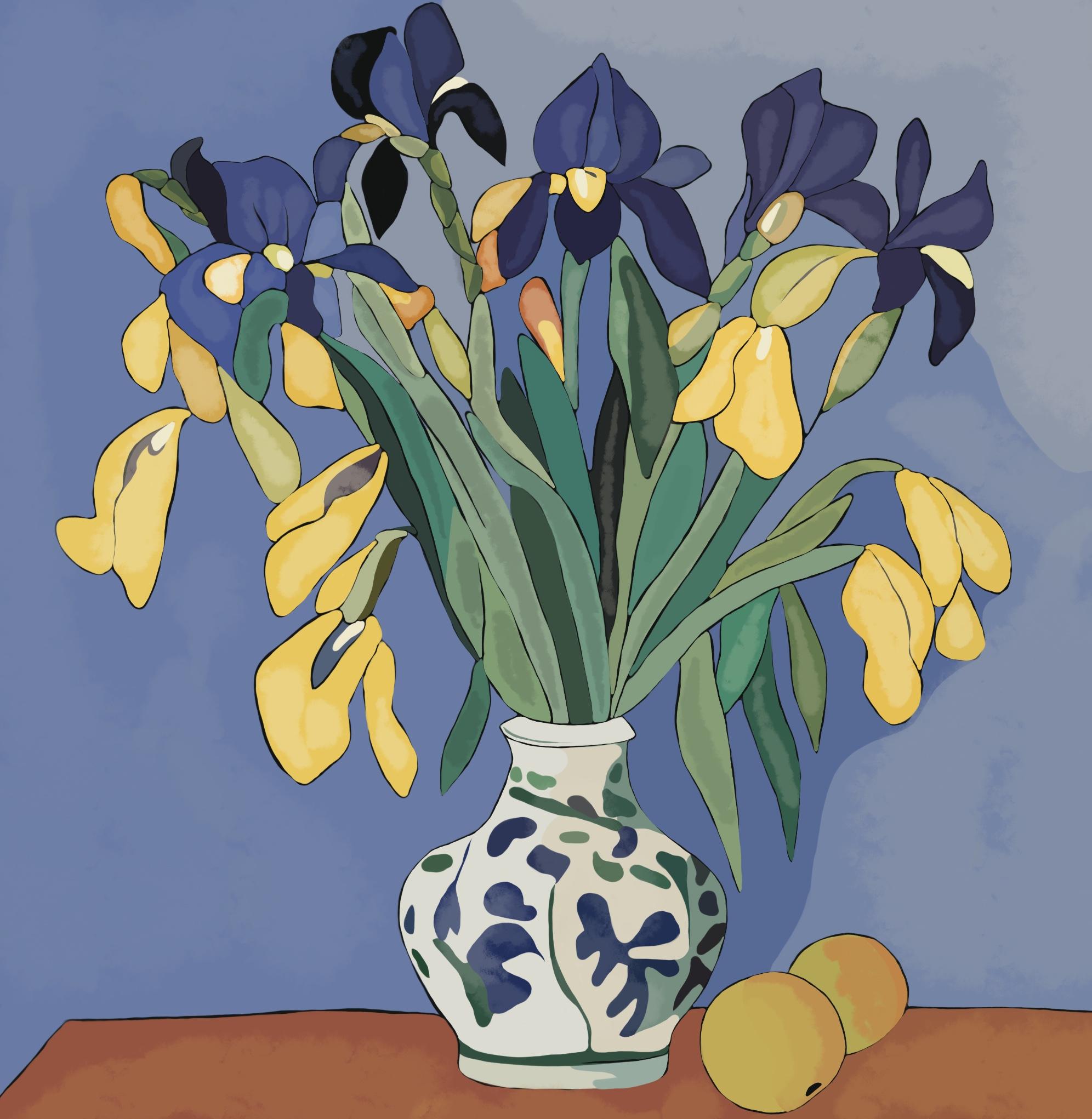 Stillleben mit Irisen, 70x70cm, Druck auf Leinwand – Art von Nina Tsoriti