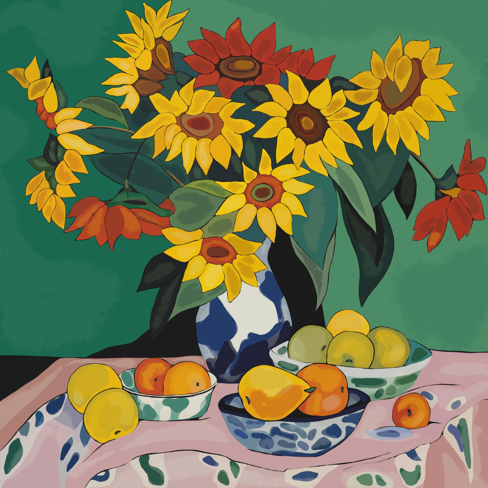 Stillleben mit Sonnenblumen, 70x70cm, Druck auf Leinwand – Print von Nina Tsoriti