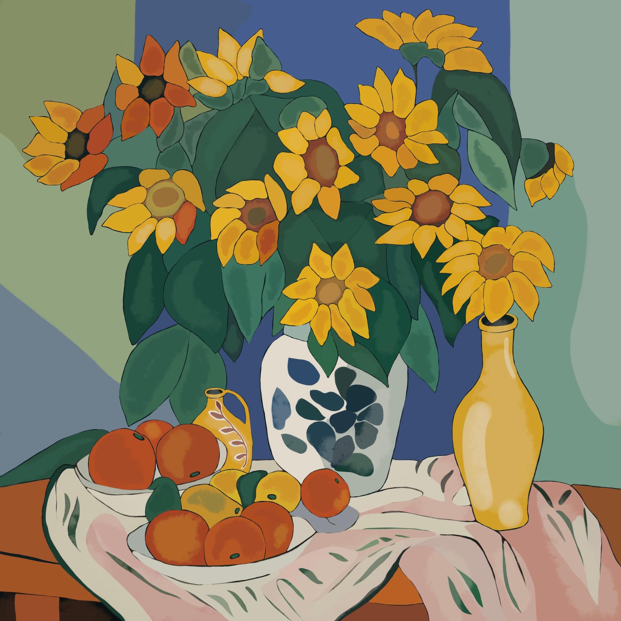 Still life with sunflowers , 70x70cm, print on canvas - Print by Nina Tsoriti