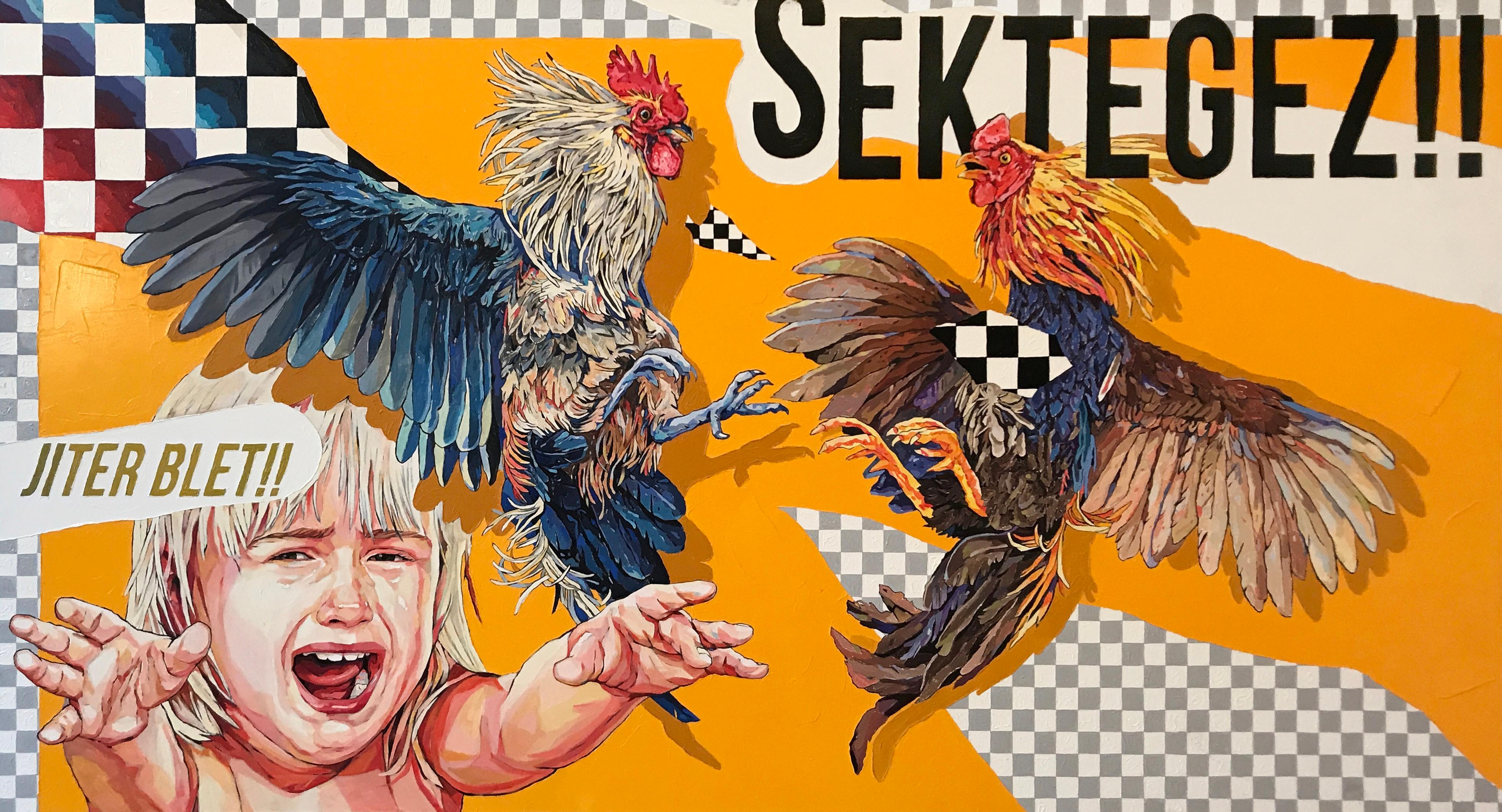 Radik Musin Figurative Painting - Roosters fight - children cry, 98х178сm