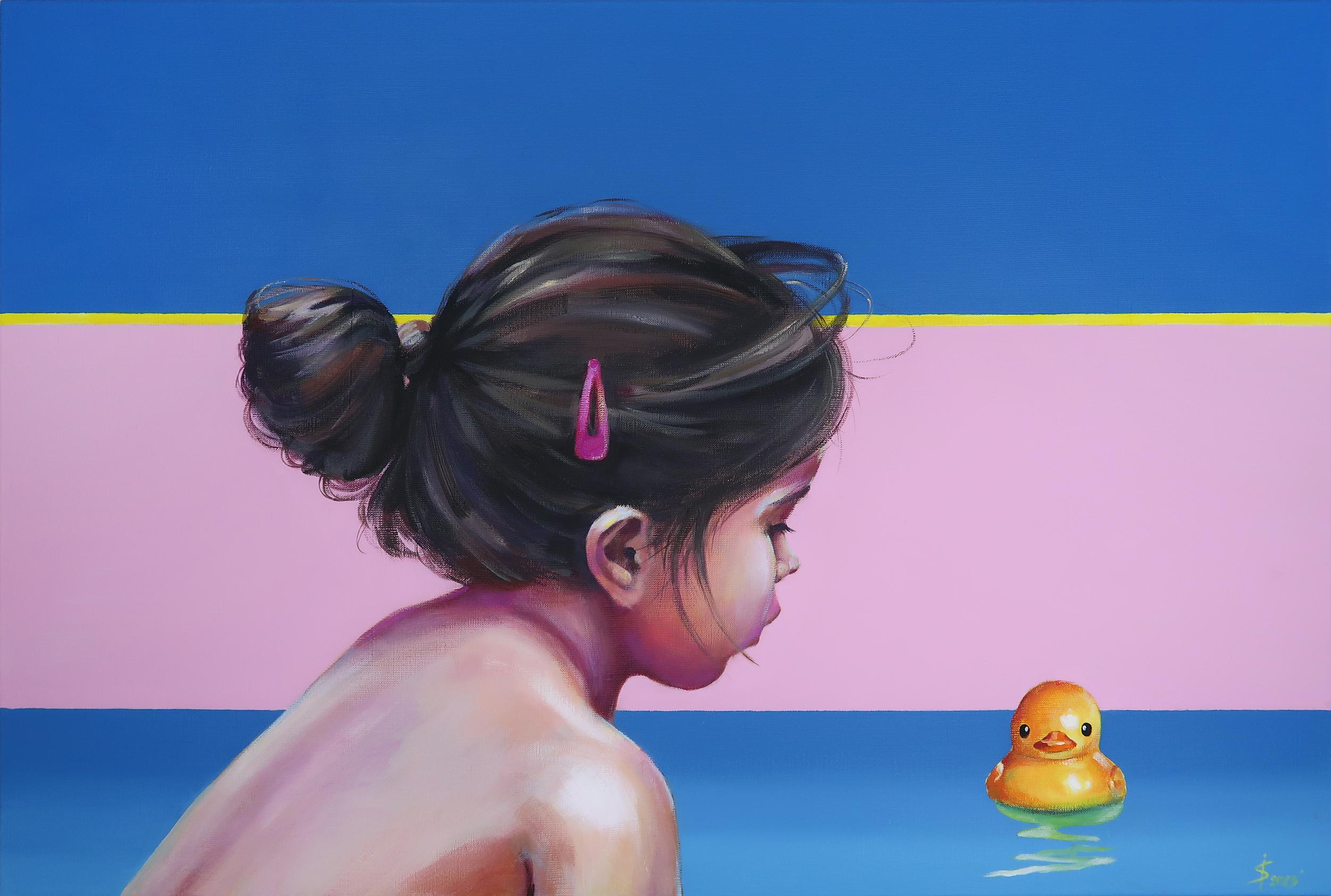 Girl and duck, 60х90cm, acrylic/canvas - Painting by Svetlana Iskoskikh