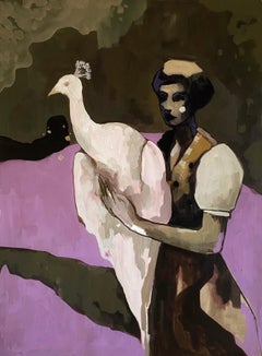 Jeune fille avec un paon blanc, 80 x 60 cm