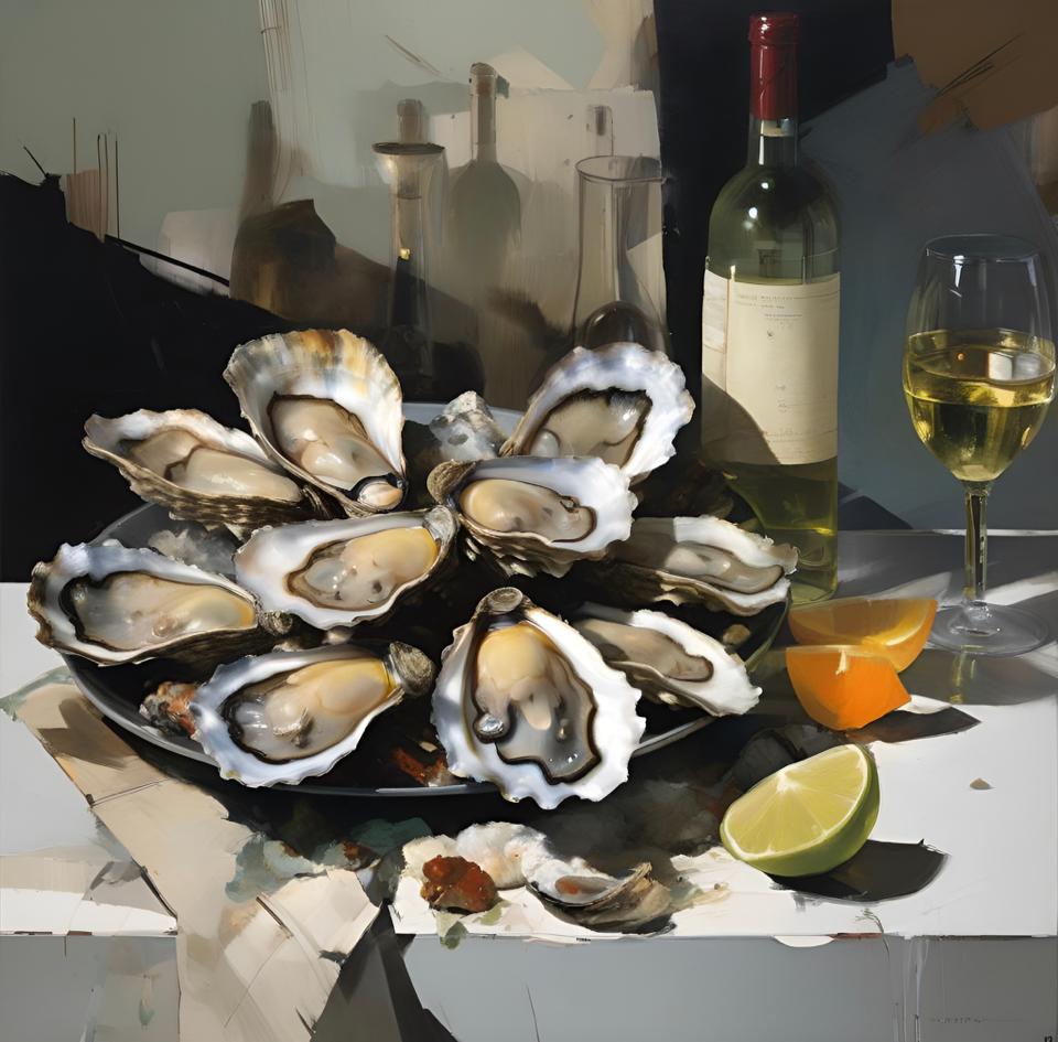 Still life with oysters, 80х80cm, print on canvas - Art by Peter Simakov