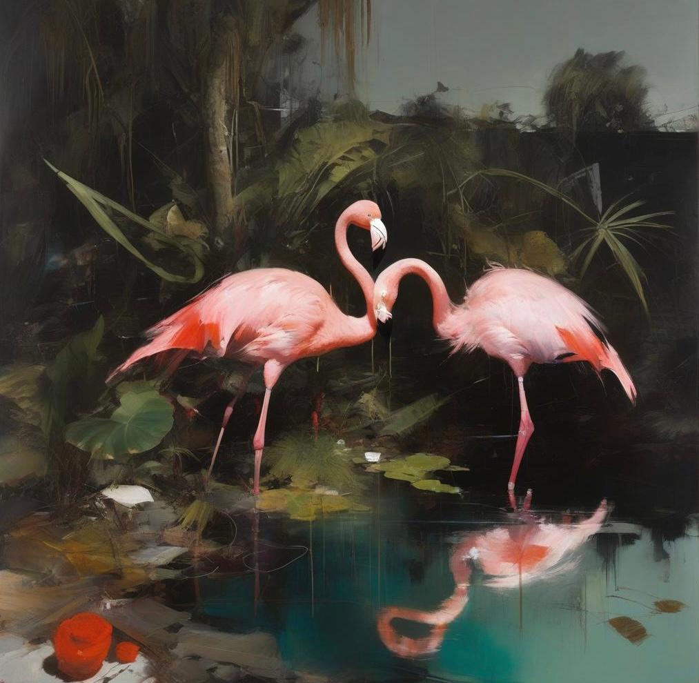 Pink flamingo, child of the sunset, 80х80cm, print on canvas - Print by Peter Simakov