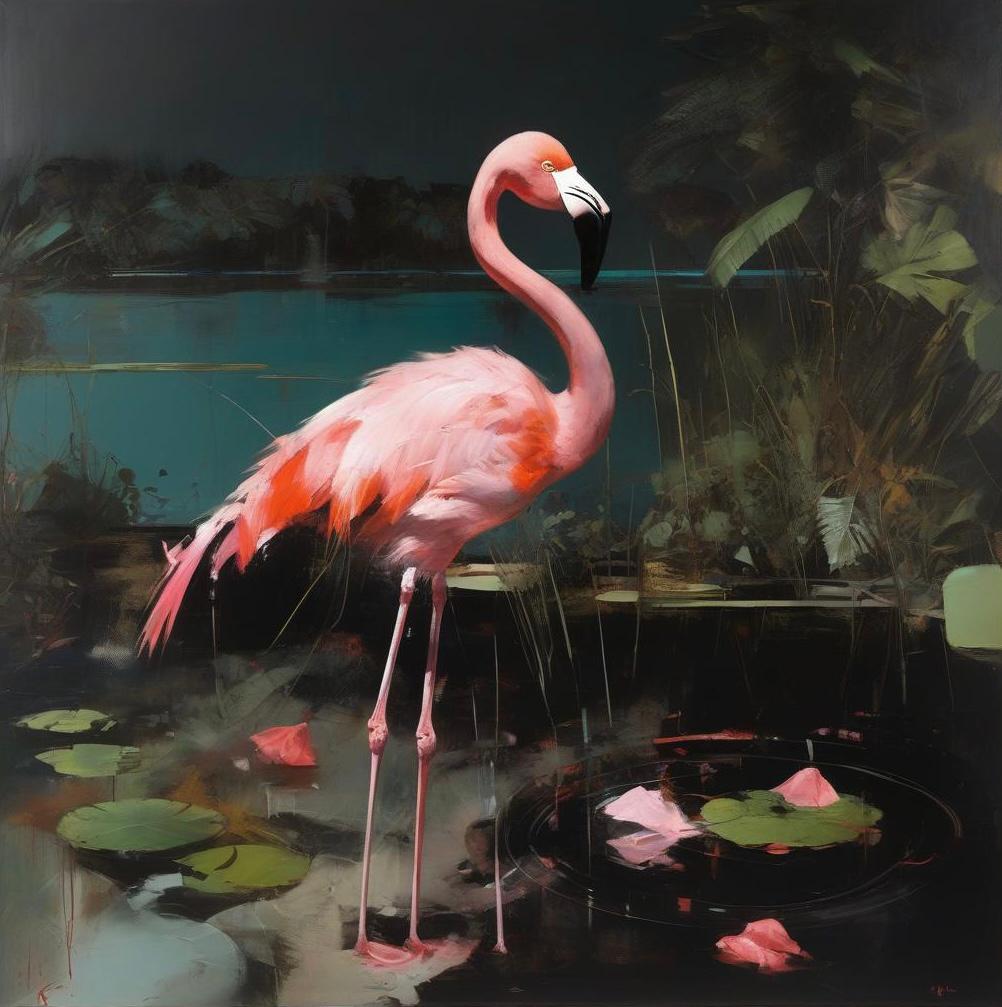 Pink flamingo, child of the sunset, 80х80cm, print on canvas - Print by Peter Simakov