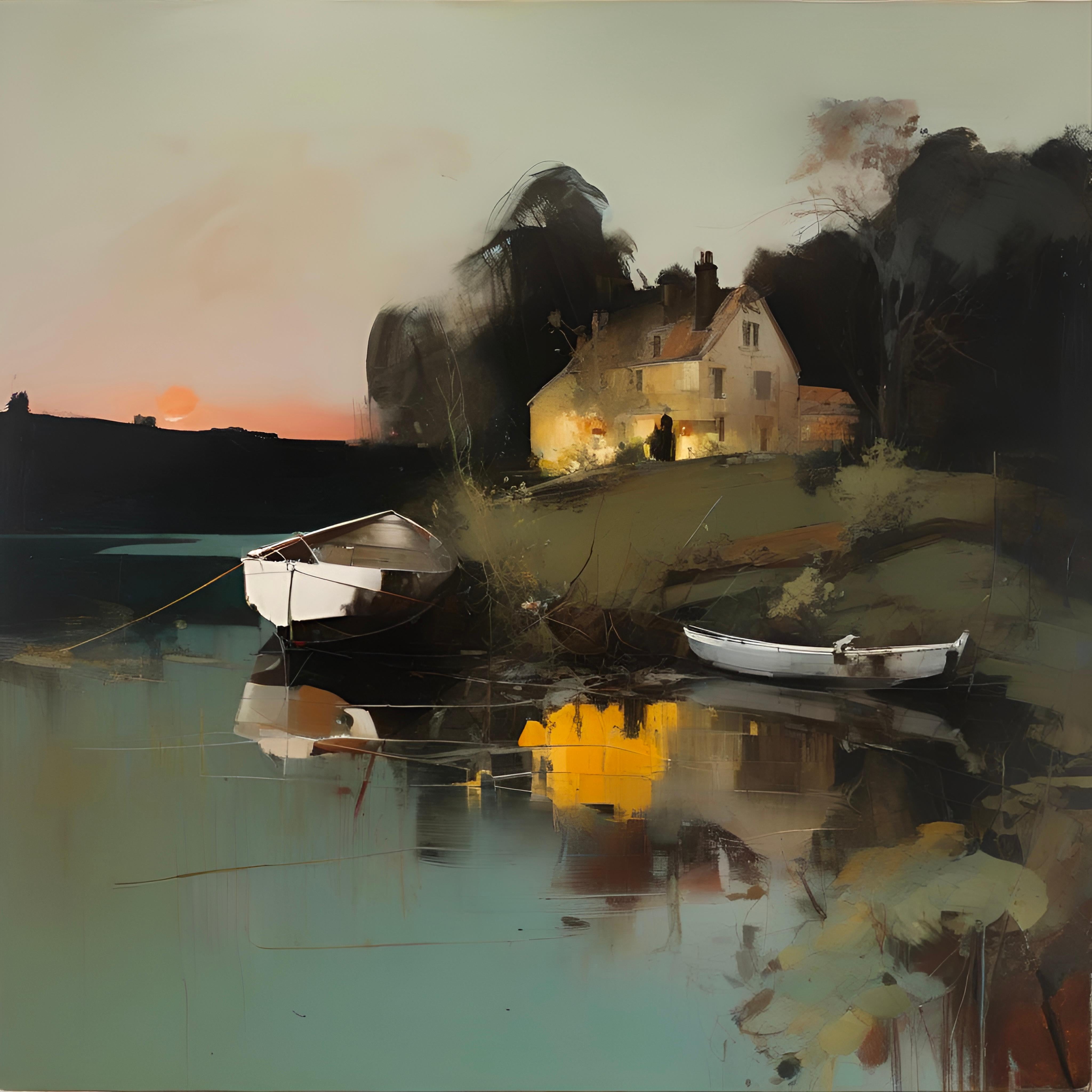 Lake house, 80х80cm, print on canvas - Print by Peter Simakov
