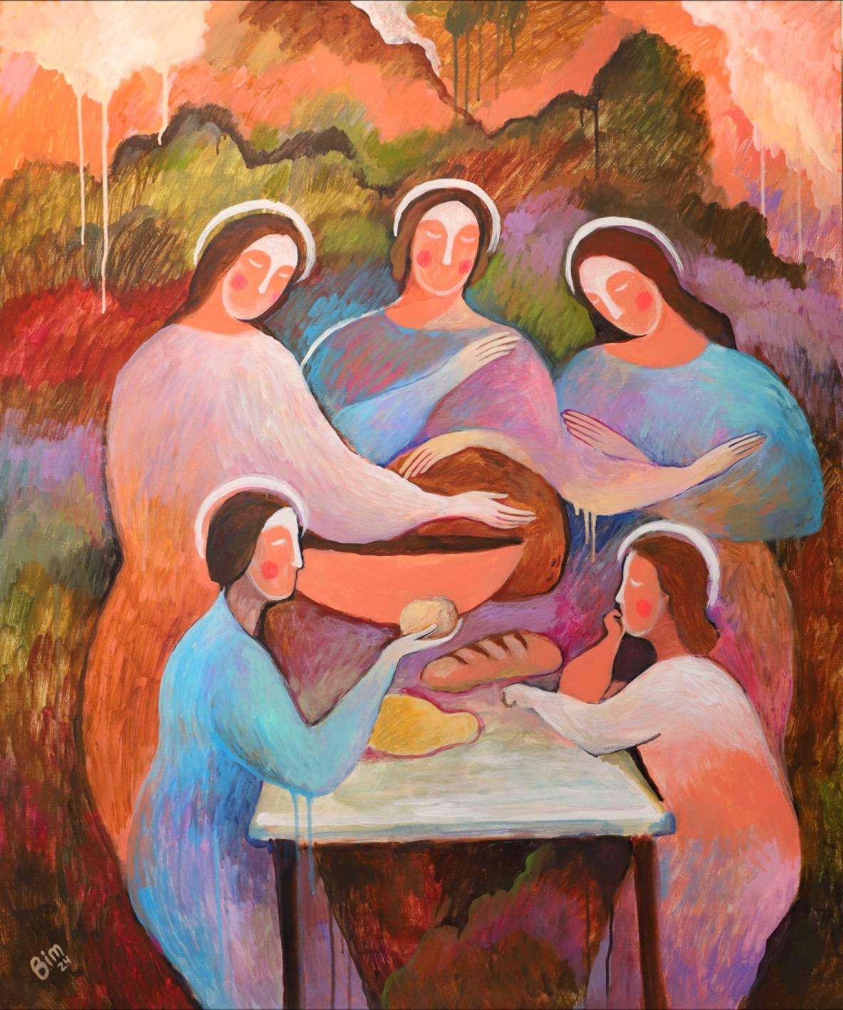 "Meal (Agape)" 120x100 cm, canvas, acrylic - Painting by Katya Bim