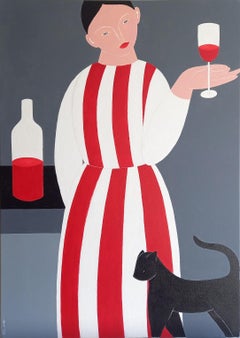 Vin rouge et chat noir, 70x50cm