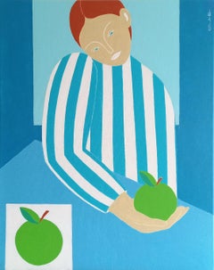 Fille avec des pommes. Salle à manger bleue, 50 x 40 cm