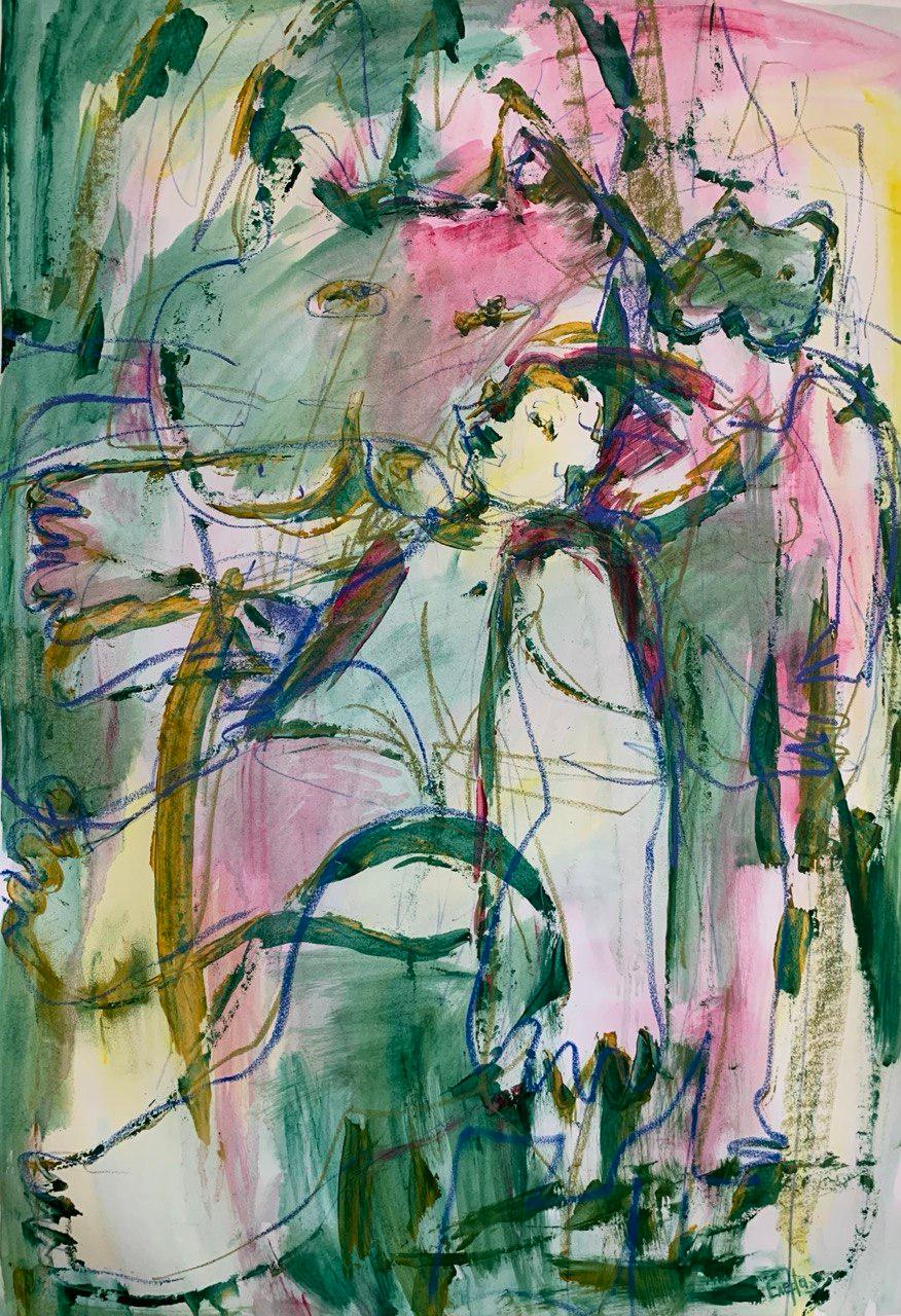 Figurative Painting di Elena Naushirvanova  - Vita con un gatto, 78x54 cm, acrilico, carta