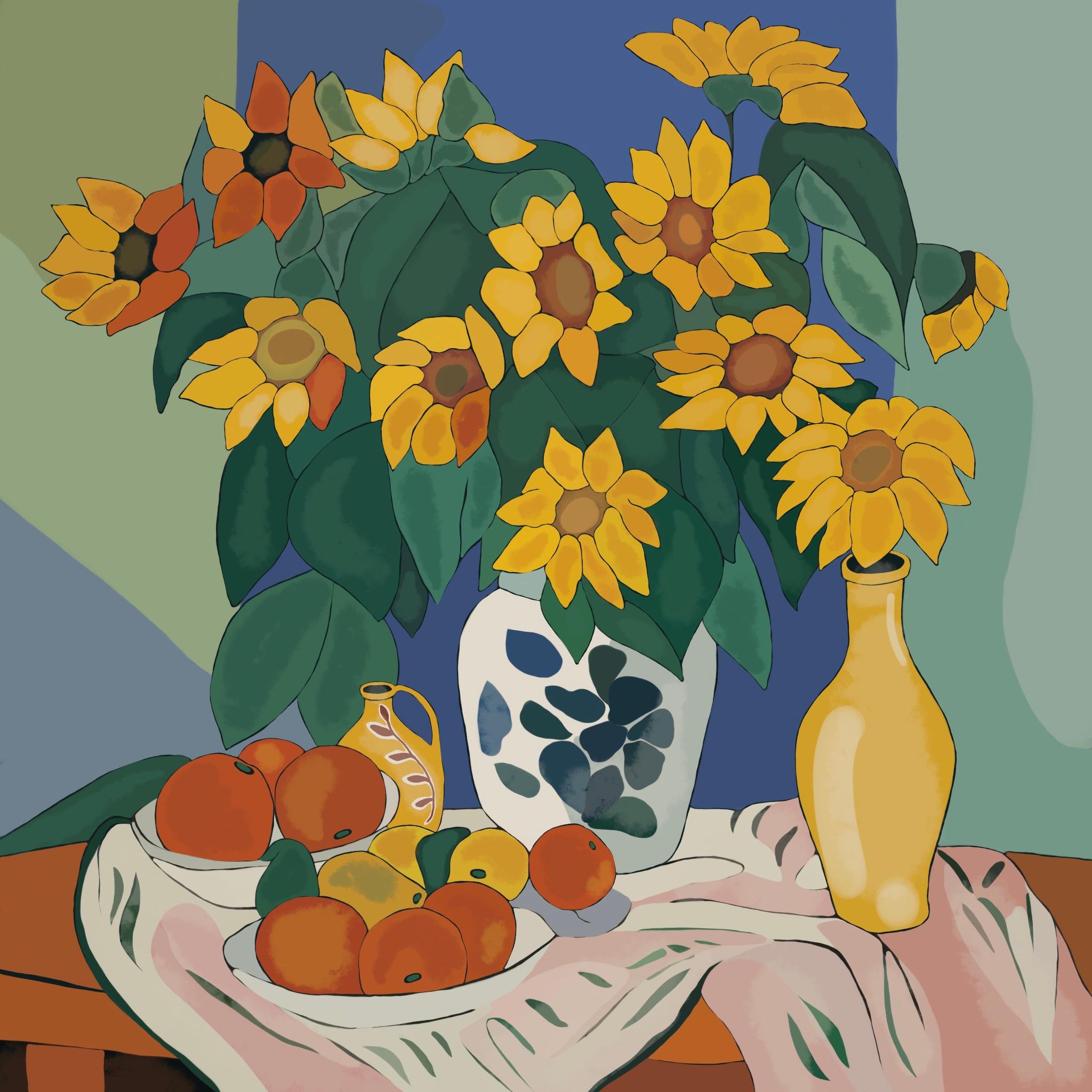 Natura morta con girasoli, 70x70cm, stampa su tela. Edizione 20 pezzi. - Art di Nina Tsoriti