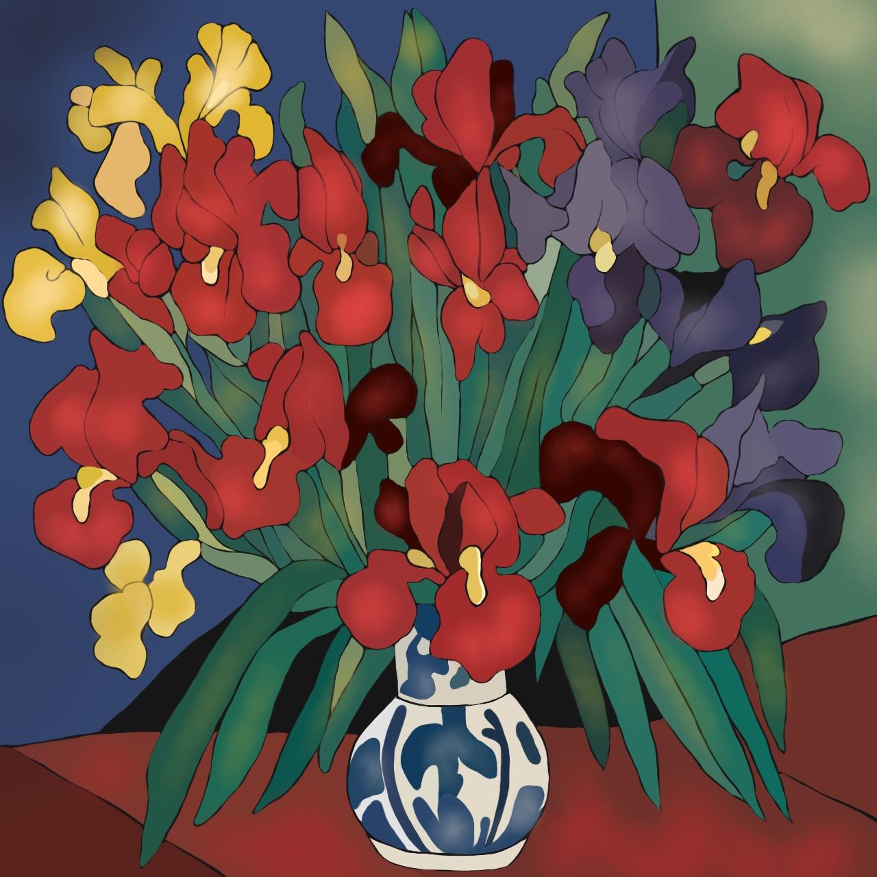 Natura morta con iris , 70x70cm, stampa su tela. Edizione 20 pezzi. - Art di Nina Tsoriti