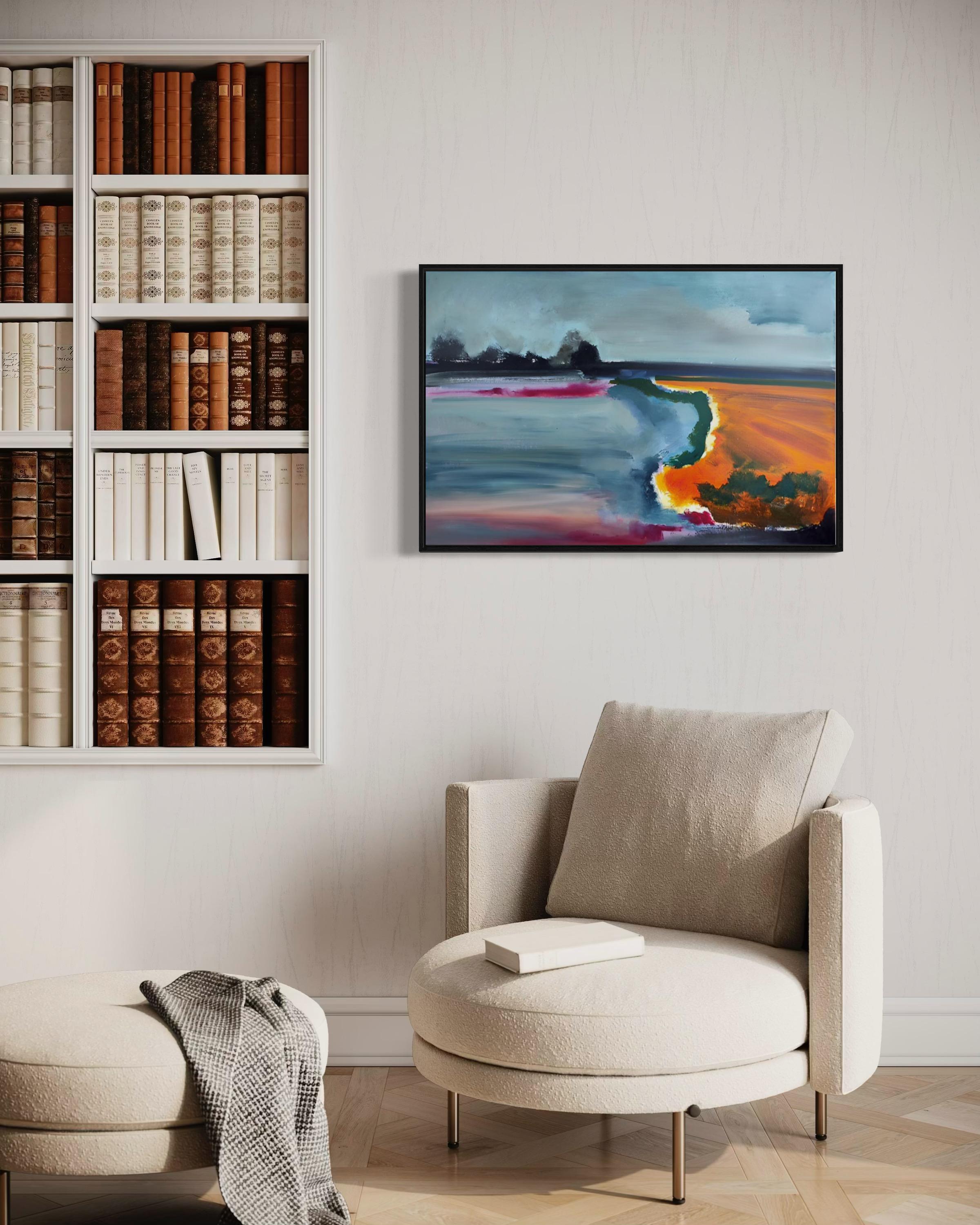 Lago della sera, 60x90 cm, olio, tela - Landscape Painting Grigio di Alexandra Lisina