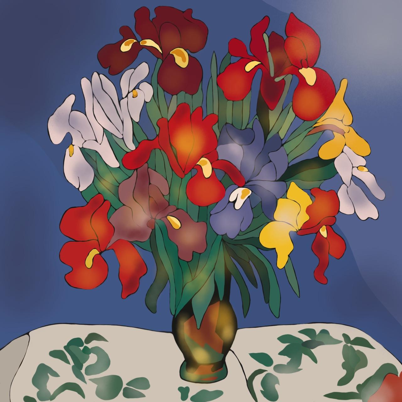 Natura morta con iris , 70x70cm, stampa su tela. Edizione 20 pezzi. - Art di Nina Tsoriti