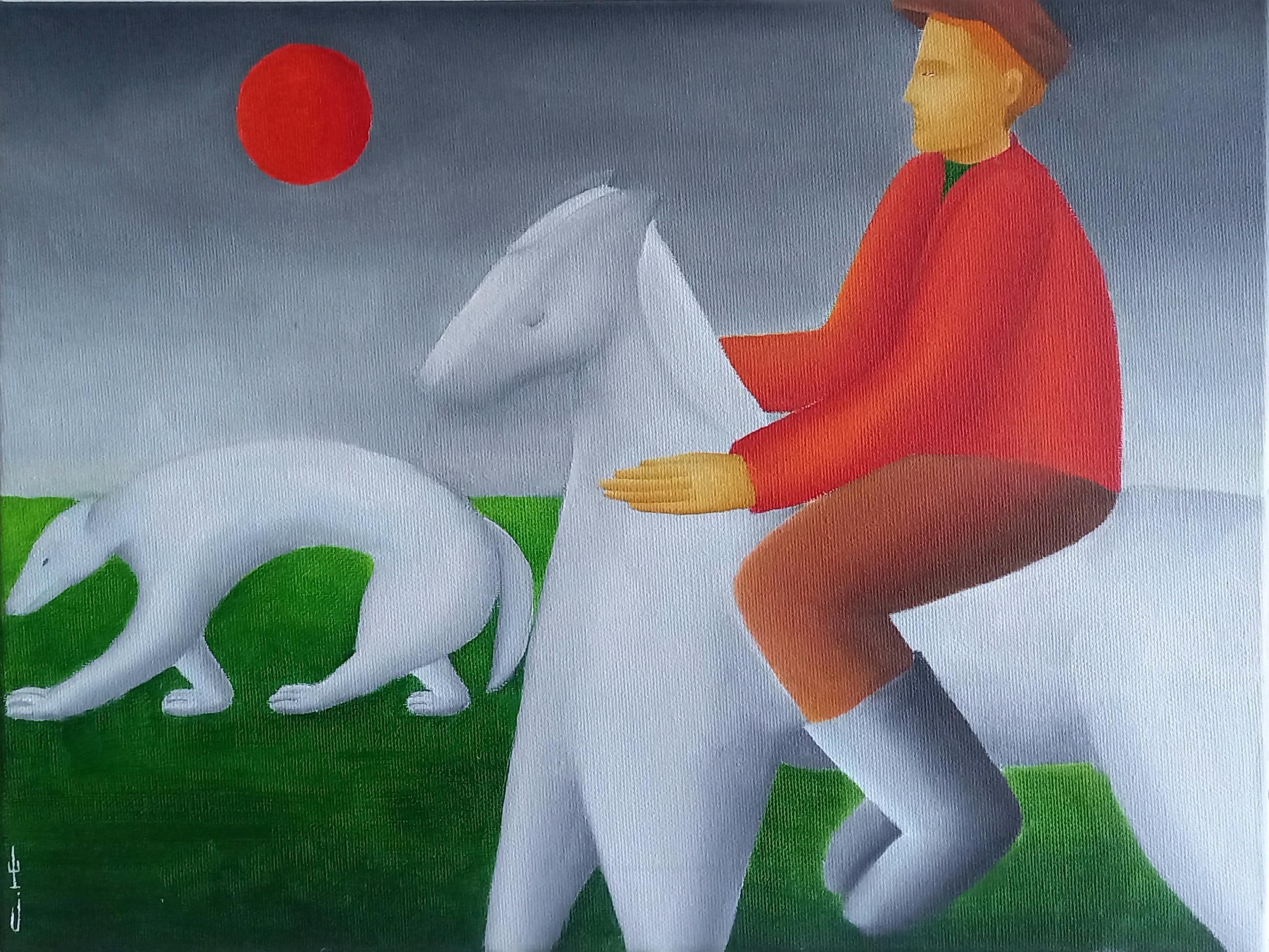 Su un cavallo bianco, con un cane bianco, 30x40cm, olio su tela - Painting di Sasha Katinauskiene