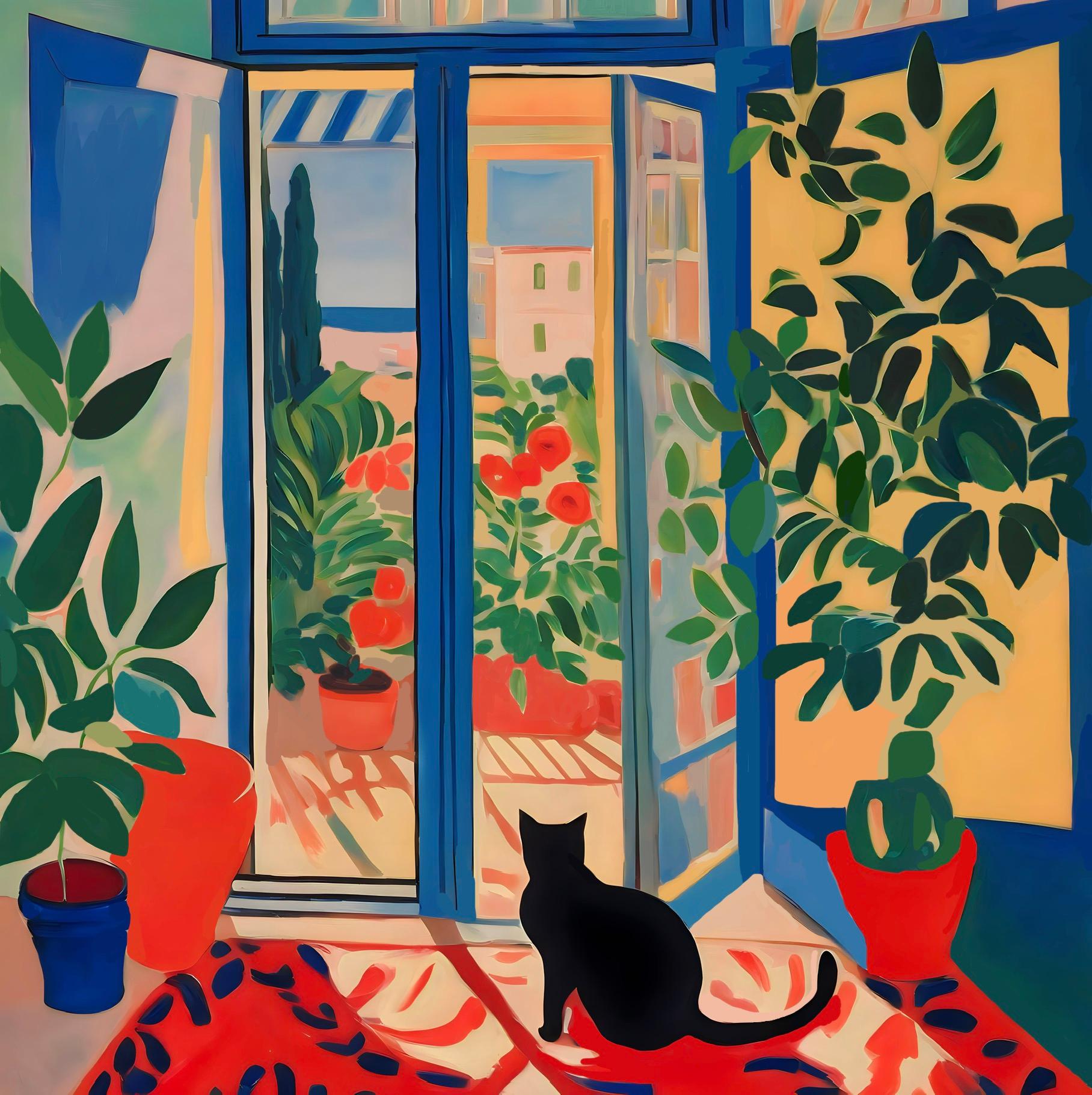Gato negro para la buena suerte, 70x70cm, impresión sobre lienzo.Edición 20 uds. - Art de Nina Tsoriti