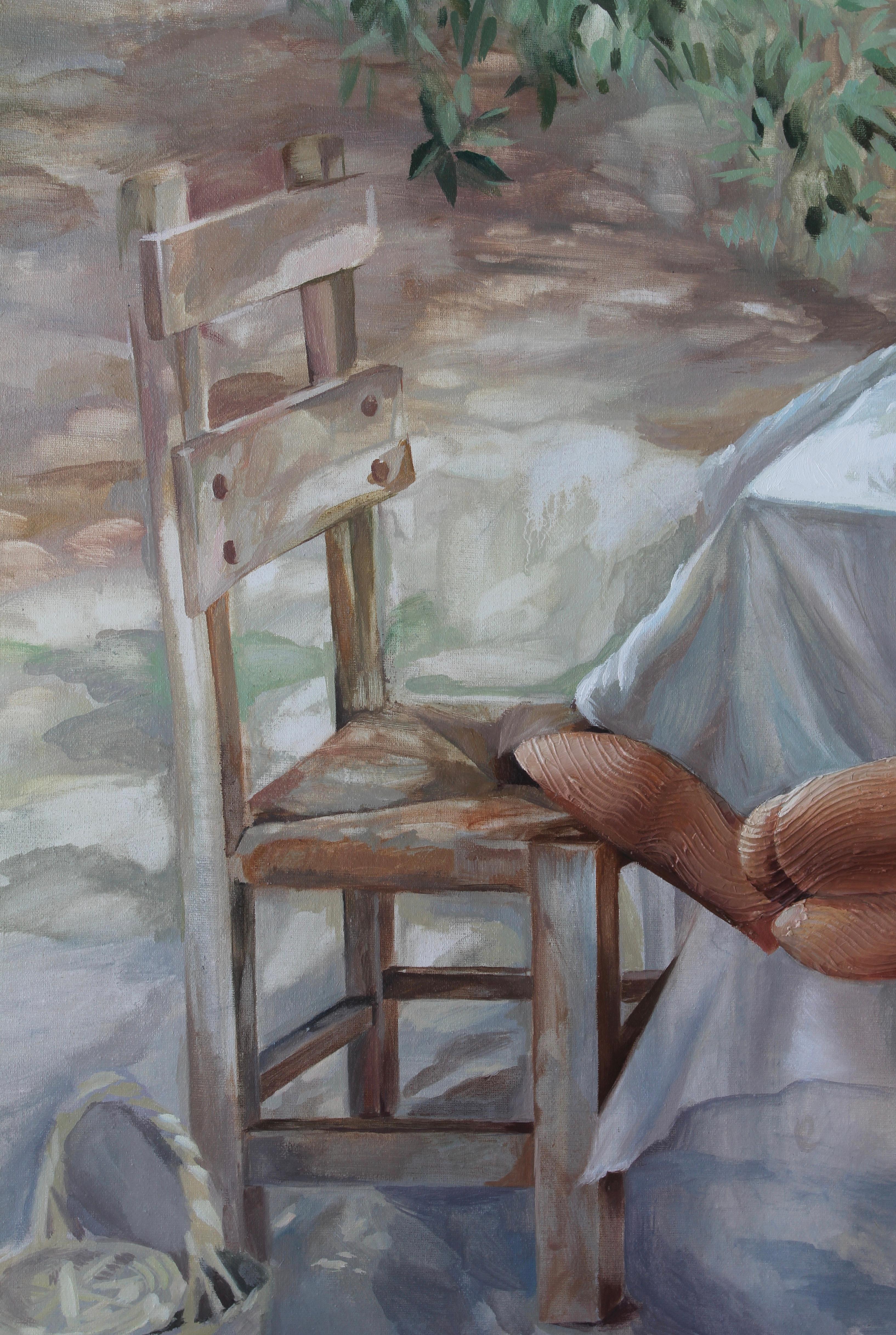 Lectura durante el desayuno, 90x120cm, acrílico sobre lienzo - Painting de Irina Aleksandrova