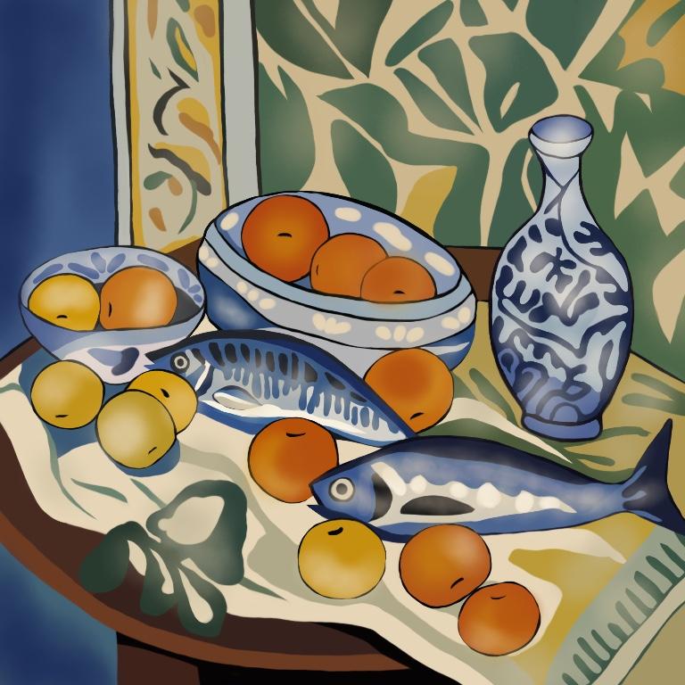 Bodegón con peces, 70x70cm, impresión sobre lienzo.Edición 20 unid. - Print de Nina Tsoriti