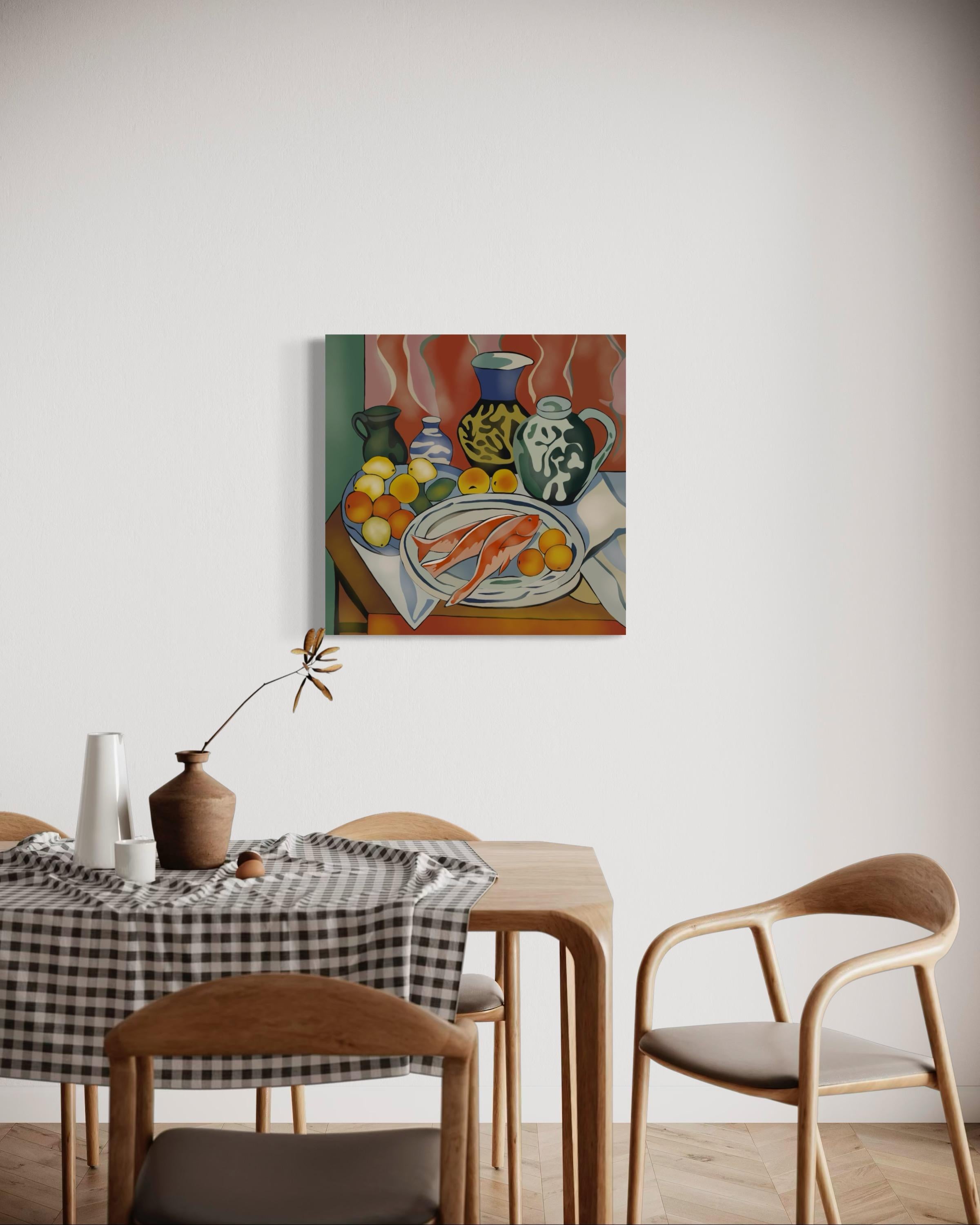 Natura morta con pesci, 70x70cm, stampa su tela.Edizione 20 pezzi. - Print Pop Art di Nina Tsoriti