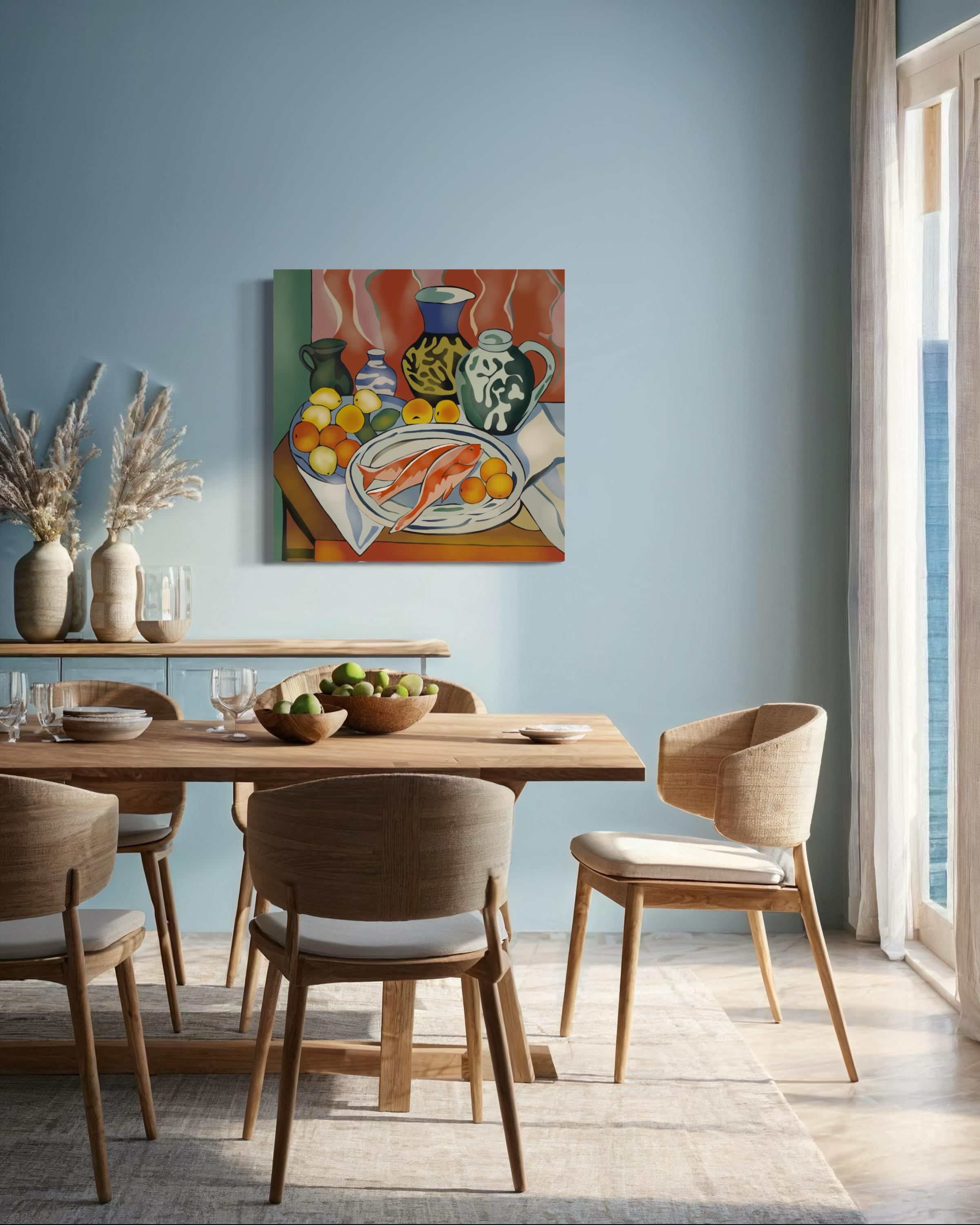 Natura morta con pesci, 70x70cm, stampa su tela.Edizione 20 pezzi. in vendita 1