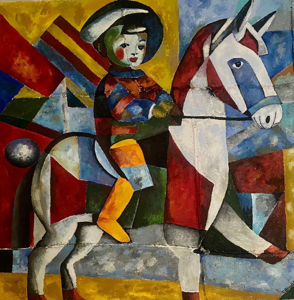 On the fifth horse, 120x120 cm, Oil, Coffee bag, Sand - Painting by Tanya Brodskaya