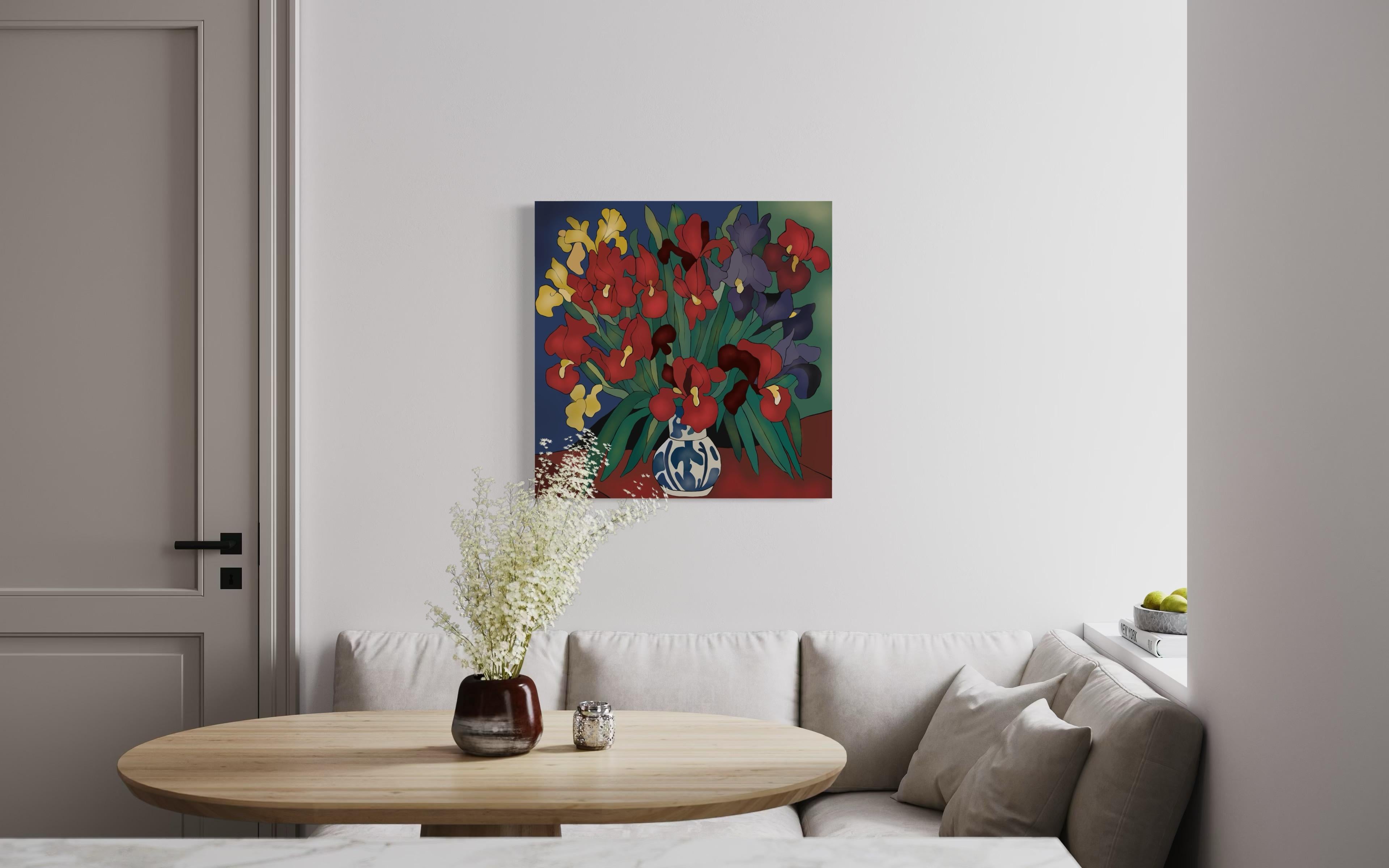 Natura morta con iris , 70x70cm, stampa su tela. Edizione 20 pezzi. - Art Pop Art di Nina Tsoriti
