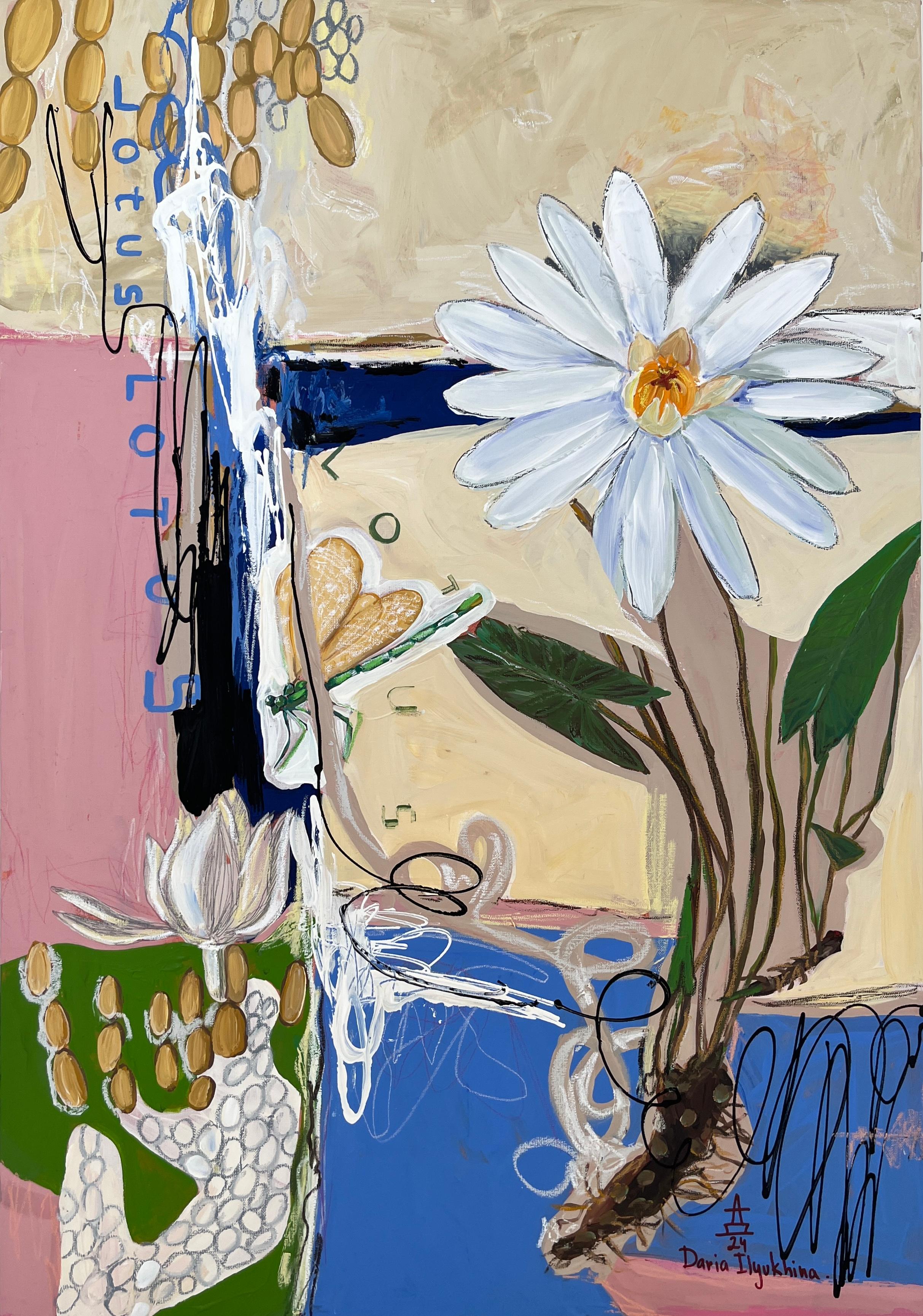 "White Lotus" Tela, tecnica mista, 100x70cm - Mixed Media Art di Daria Ilyukhina