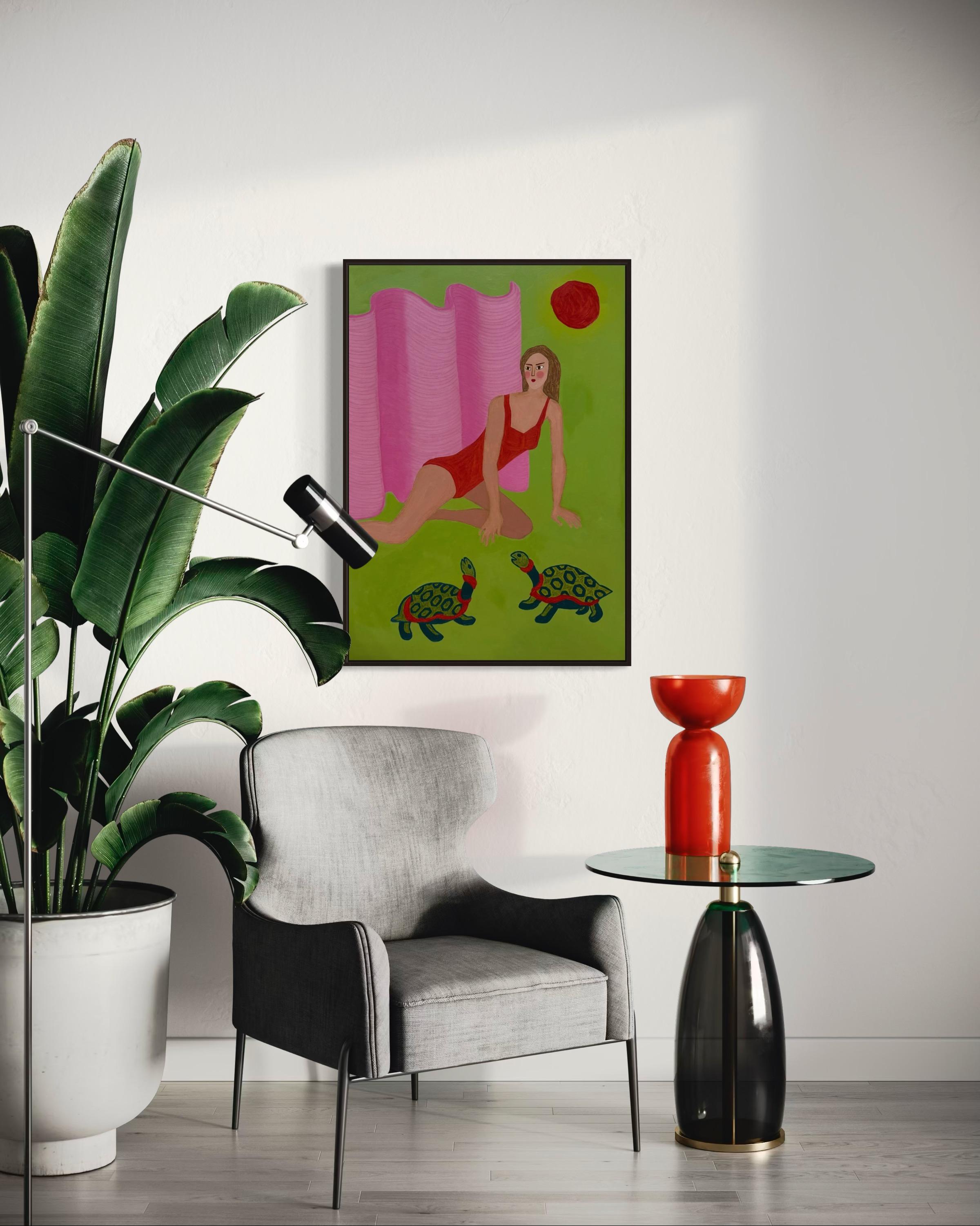 El sol y las tortugas, 100x70 cm, acrílico sobre lienzo, pastel en venta 1