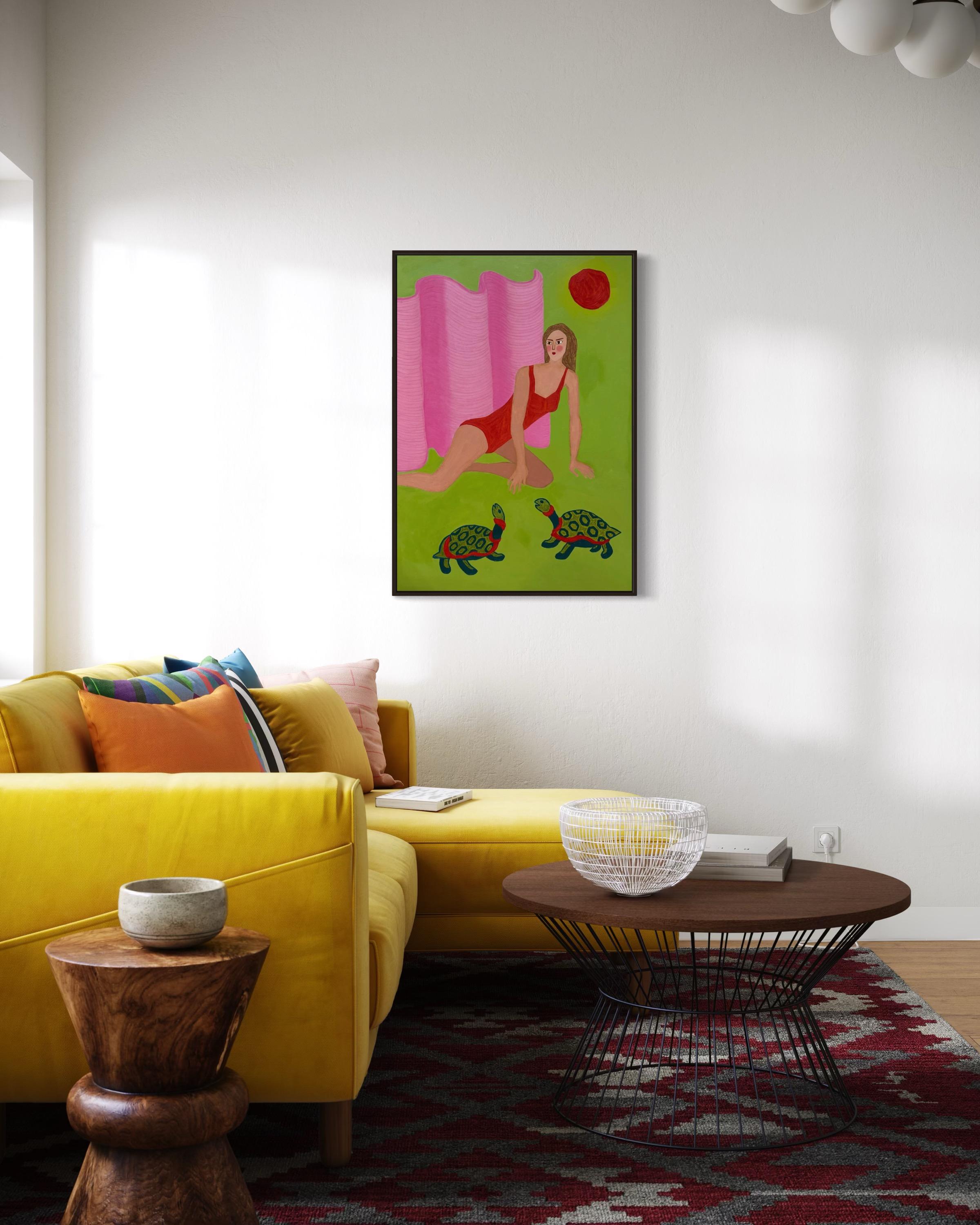 El sol y las tortugas, 100x70 cm, acrílico sobre lienzo, pastel en venta 2