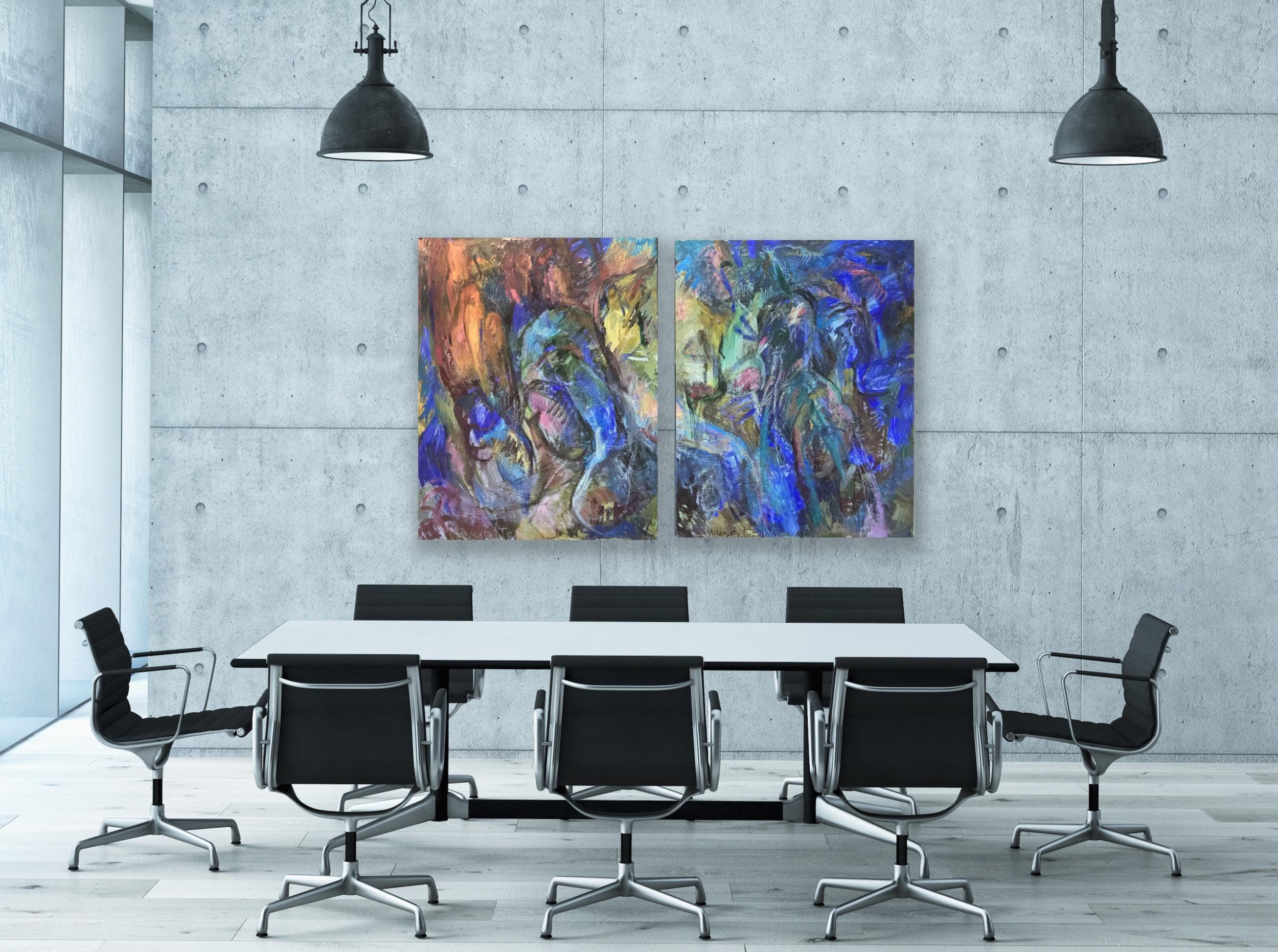 Diptych “Interaction”, 100x160cm, acrylic on canvas For Sale 2