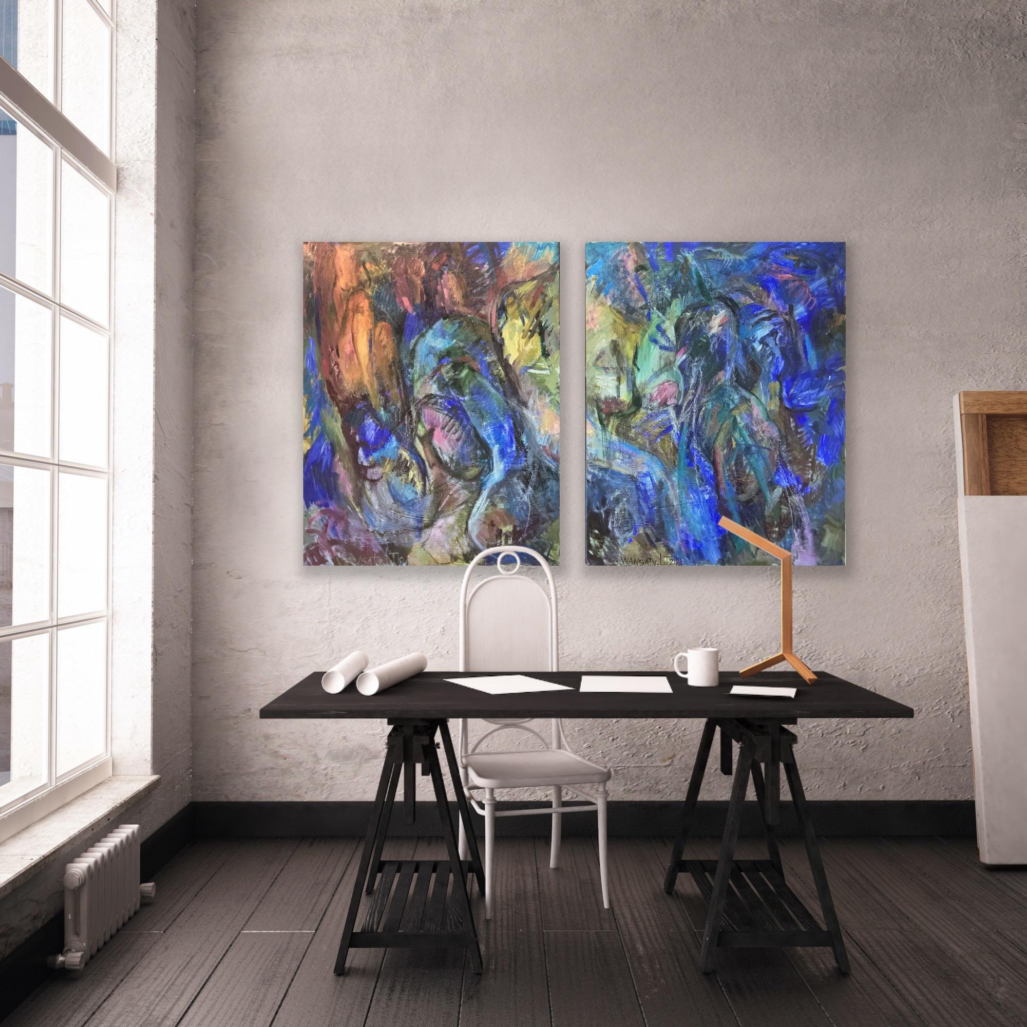 Diptych “Interaction”, 100x160cm, acrylic on canvas For Sale 3