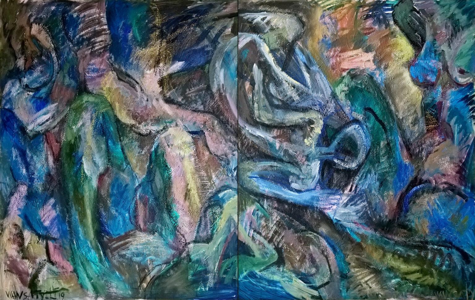 Diptych “Interaction 2”, 100 x 160cm, acrylic on canvas - Gray Abstract Painting by Tatiana Levchenko