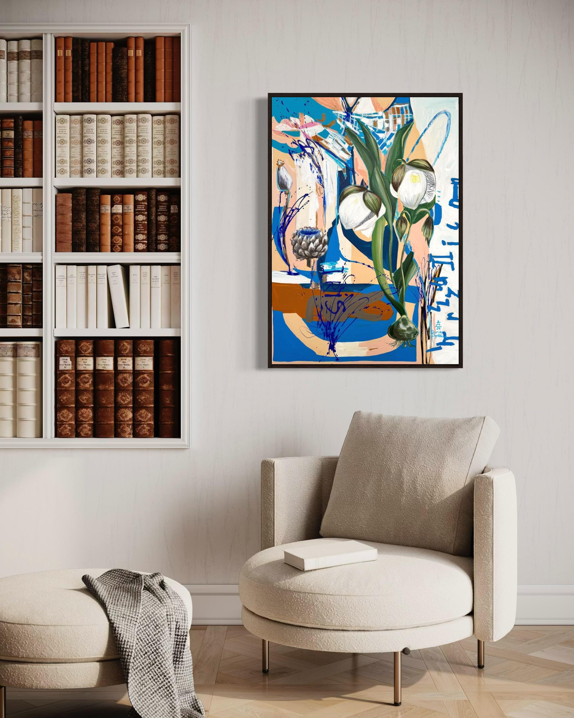 Calochortus blanc sur bleu,  Toile, technique mixte, 100x70cm
L'œuvre est vendue sans cadre.