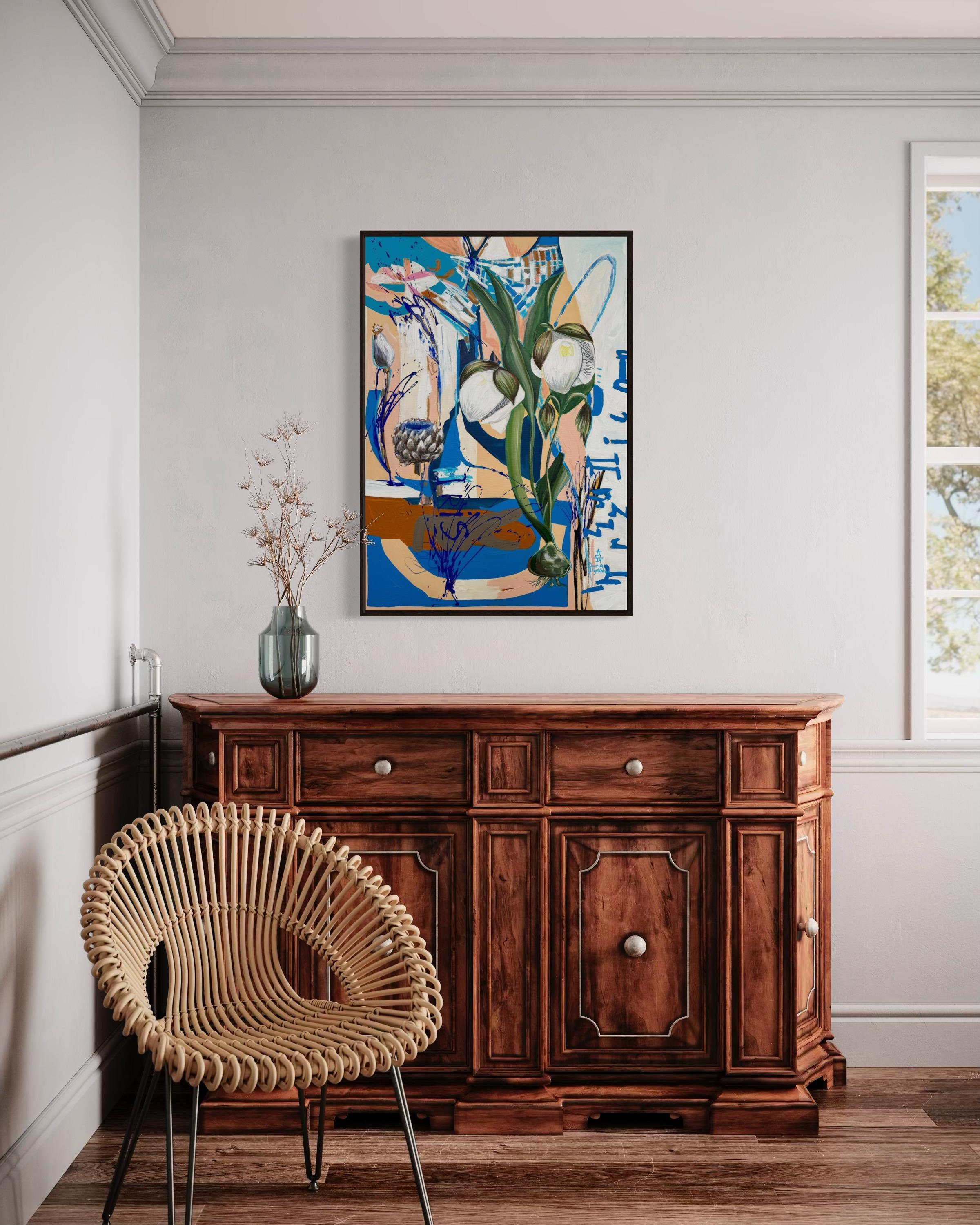 Calochortus blanc sur bleu,  Toile, technique mixte, 100x70cm en vente 2