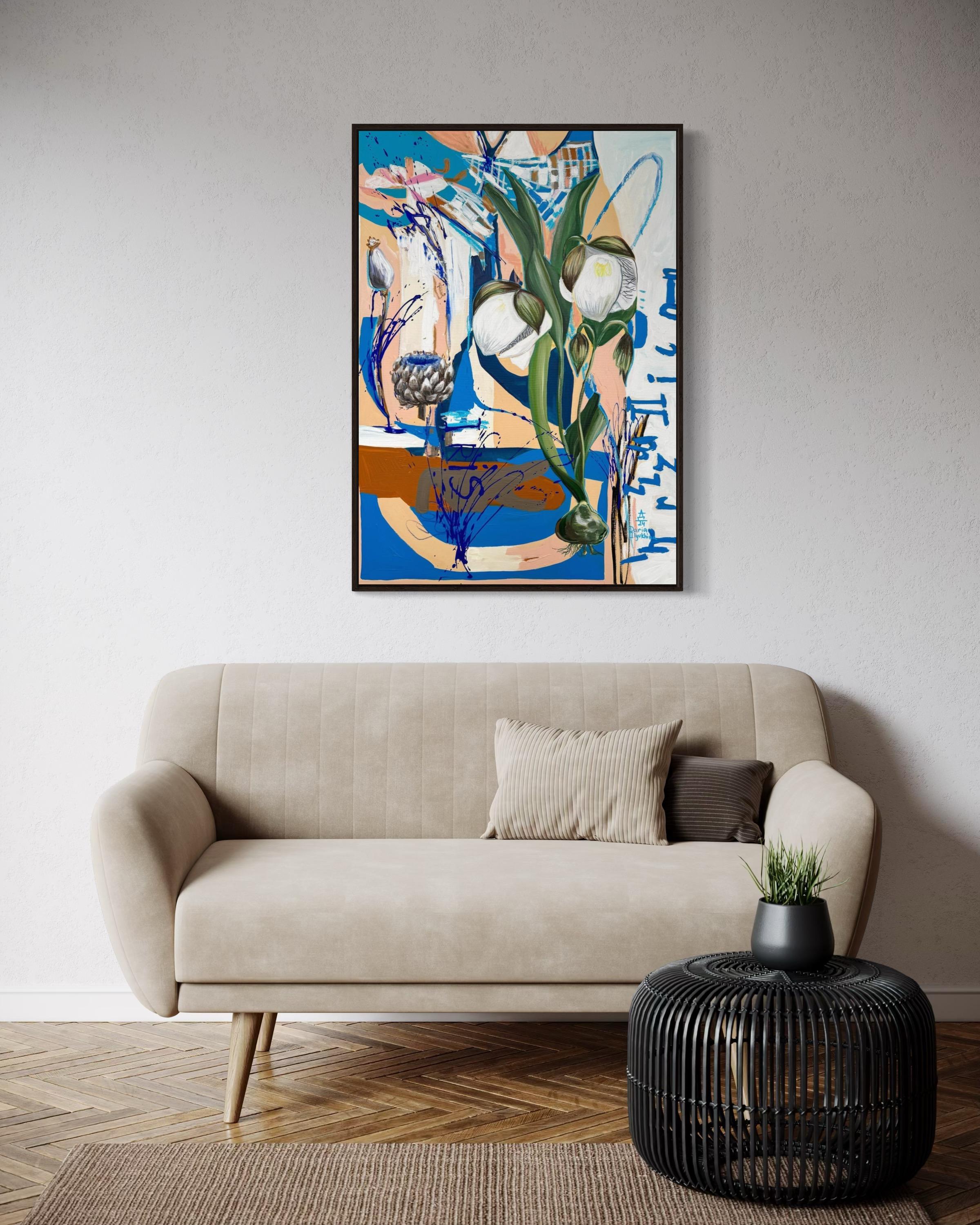 Calochortus blanc sur bleu,  Toile, technique mixte, 100x70cm en vente 3