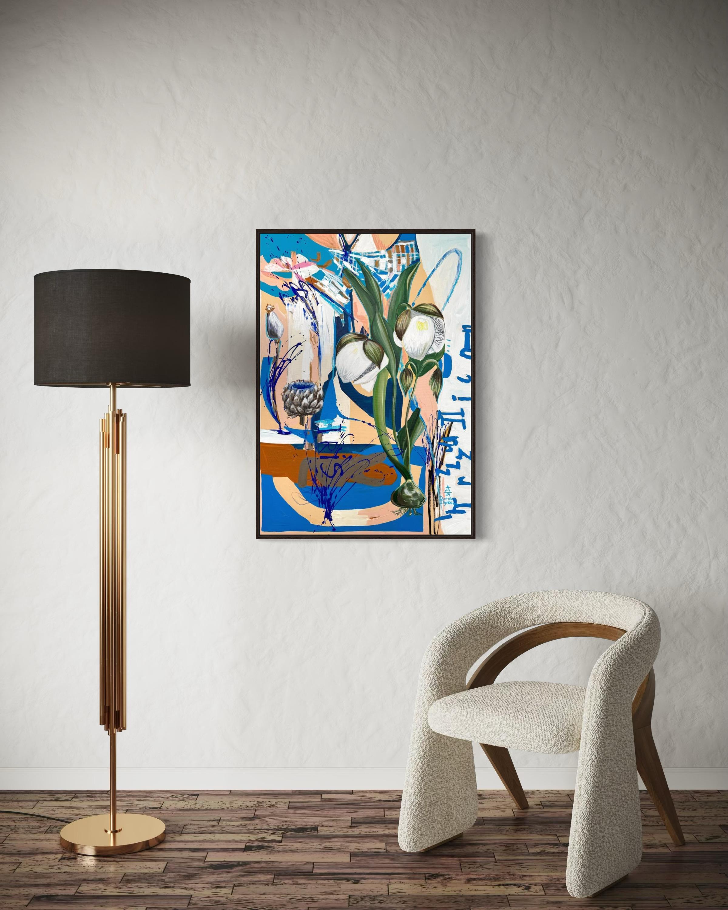 Calochortus blanc sur bleu,  Toile, technique mixte, 100x70cm en vente 4