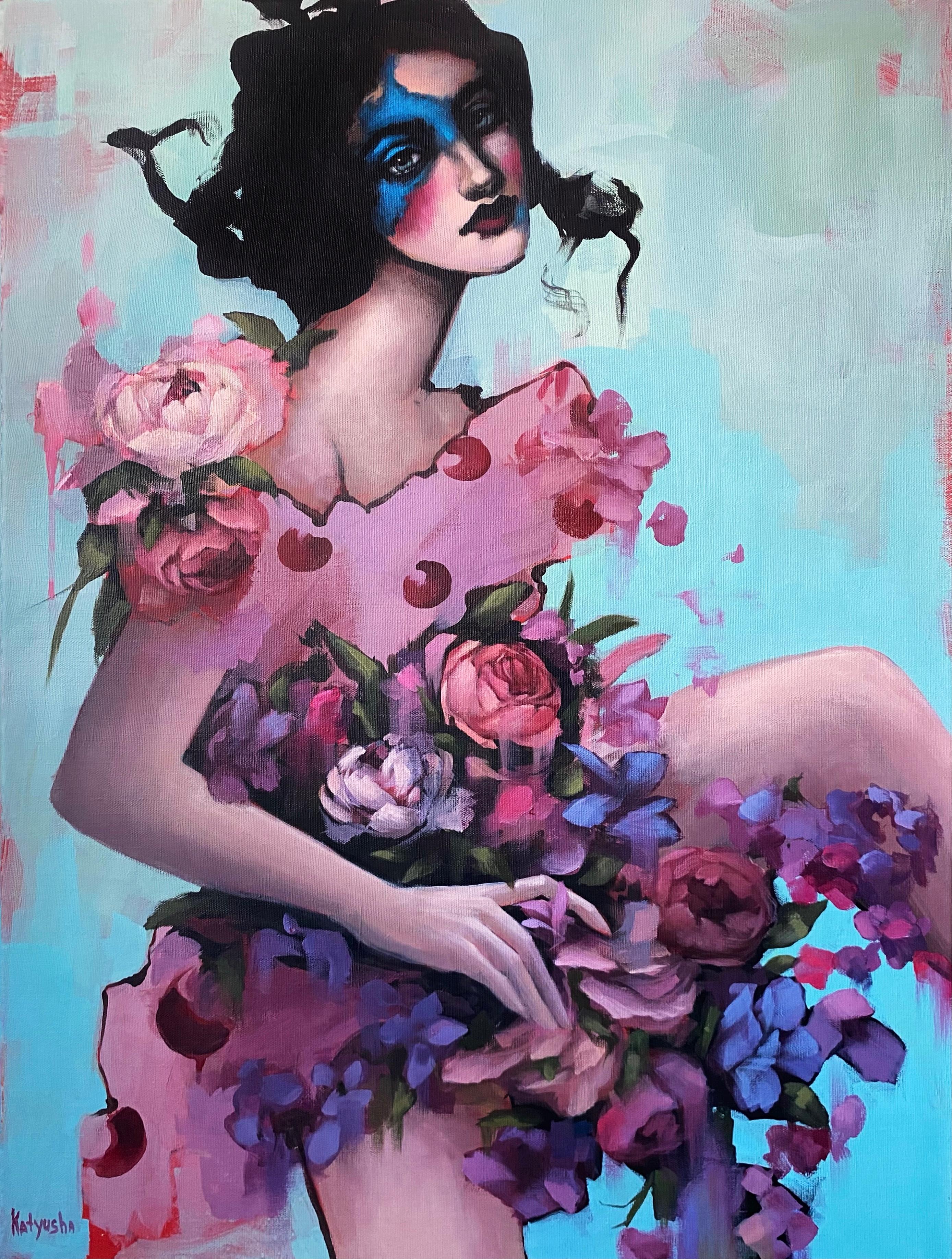 Figurative Painting de Ekaterina Nikitina - Última noche de promesas floridas, 80x60cm, acrílico, lienzo