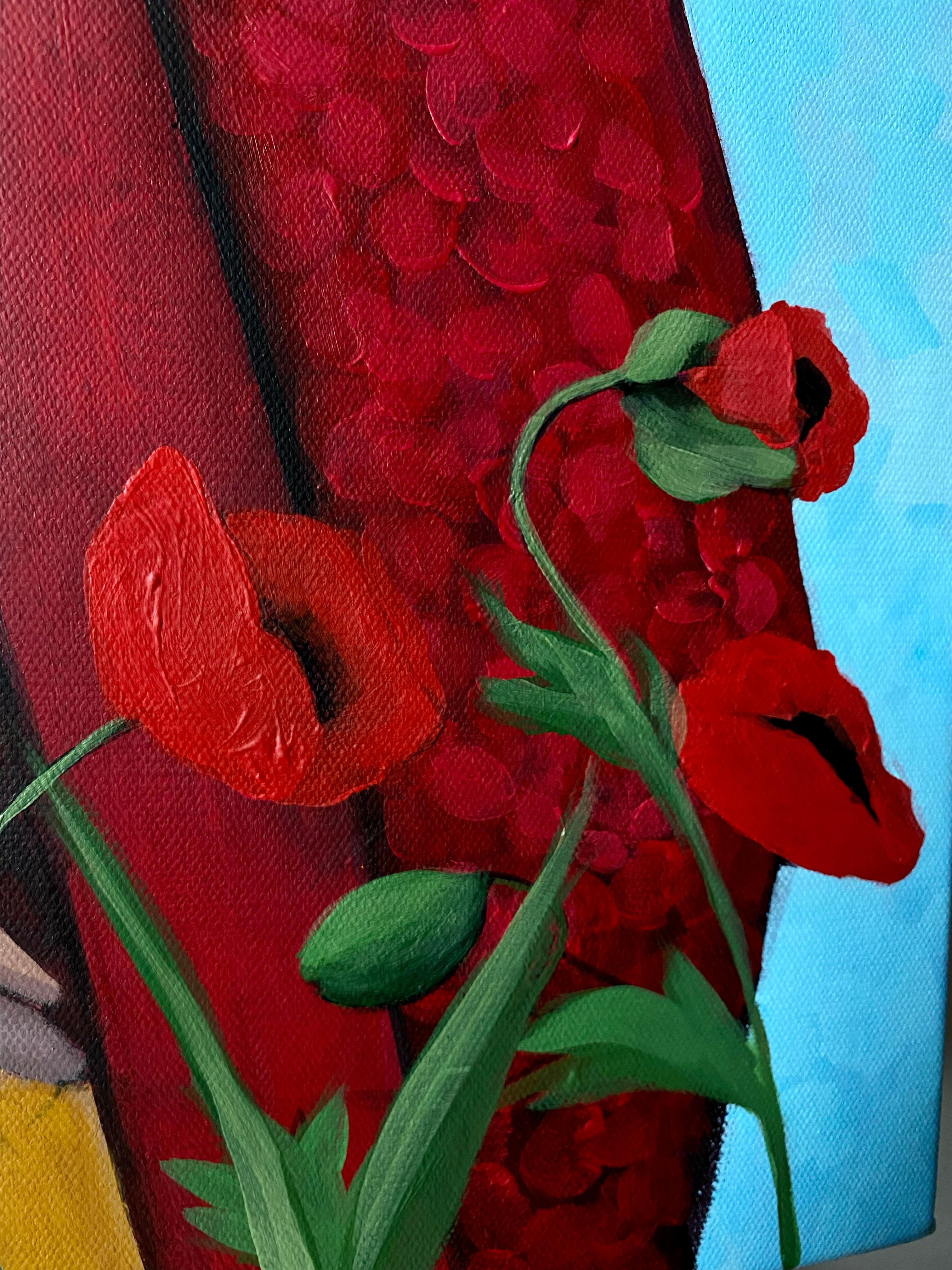 Stepping on a field of blooming poppies , 80 x 60 cm, acrylique, toile - Bleu Figurative Painting par Ekaterina Nikitina
