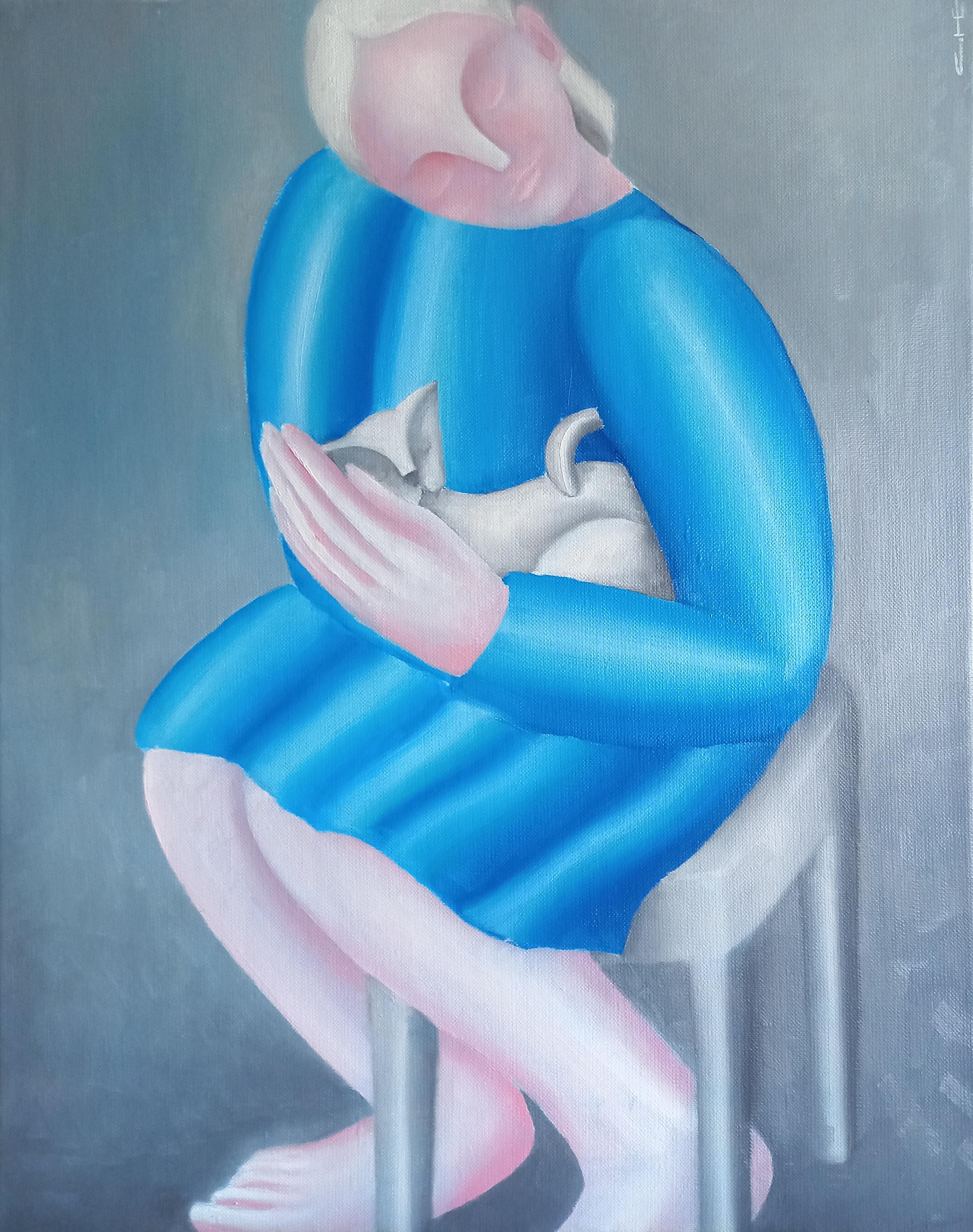 Avec un chat à la main, 50x40cm, huile sur toile - Art de Sasha Katinauskiene