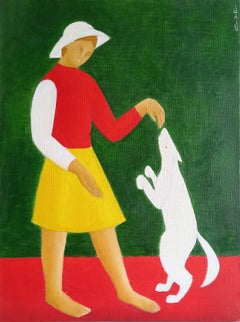 Girl with a white dog, 40x30cm, oil on canvas
