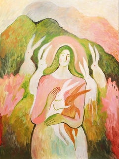 La dama y las liebres, 80x60cm, acrílico sobre lienzo
