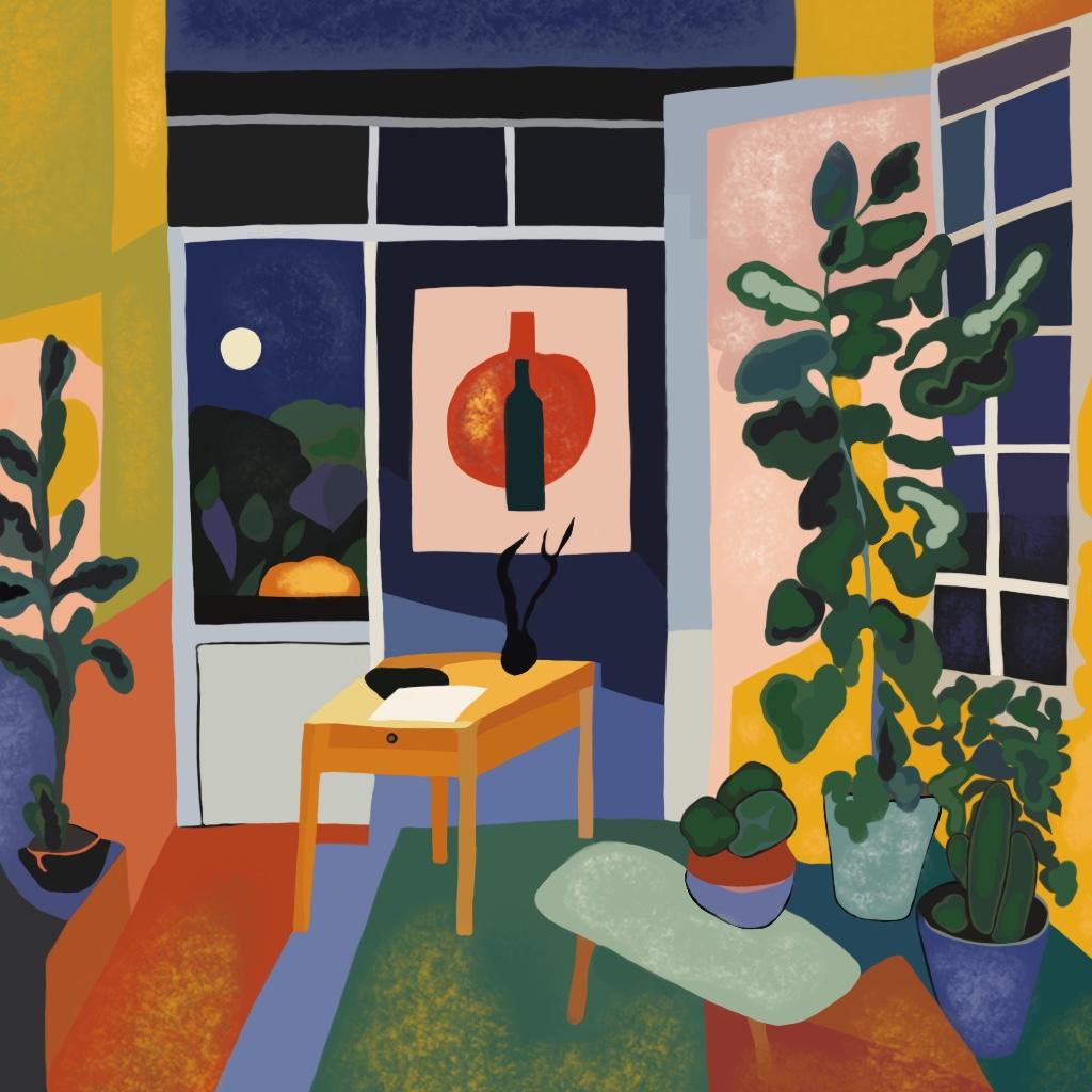 Nina Tsoriti Still-Life Print – Künstlerraum, 70x70cm, Druck auf Leinwand. Auflage 20 Teile.