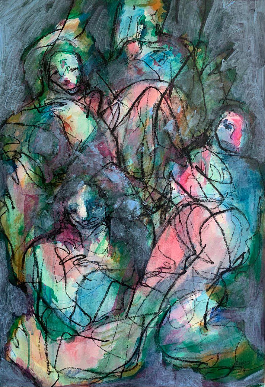 Figurative Painting di Elena Naushirvanova  - A quel tempo, 78x54cm, acrilico/carta/pastello